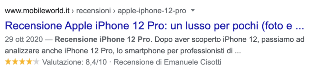 screenshot dati strutturati relativi a recensione di iPhone 12 Pro