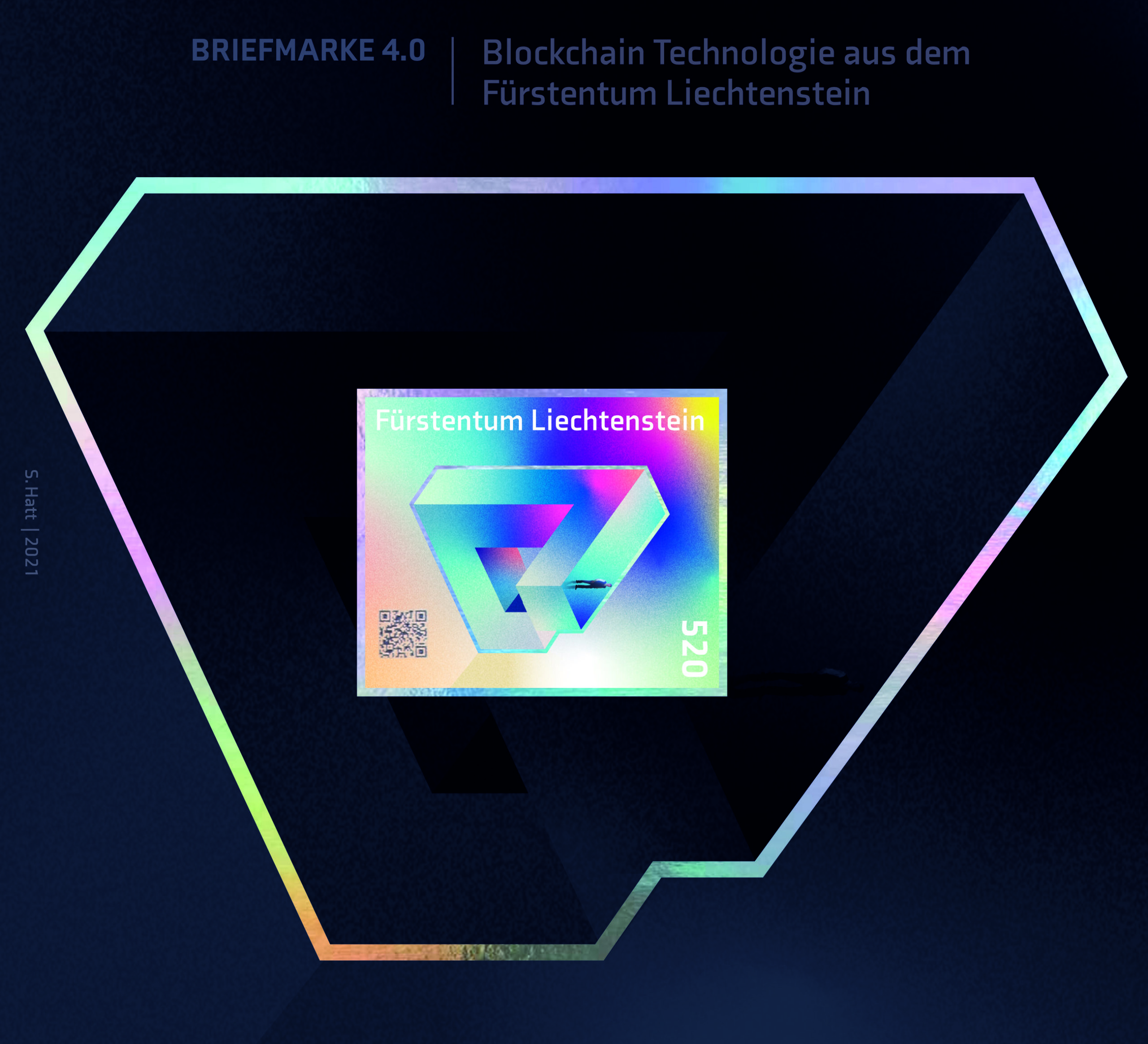 L'edizione speciale imperforata del francobollo 4.0 del Principato del Liechtenstein dotato di tecnologia Blockchain