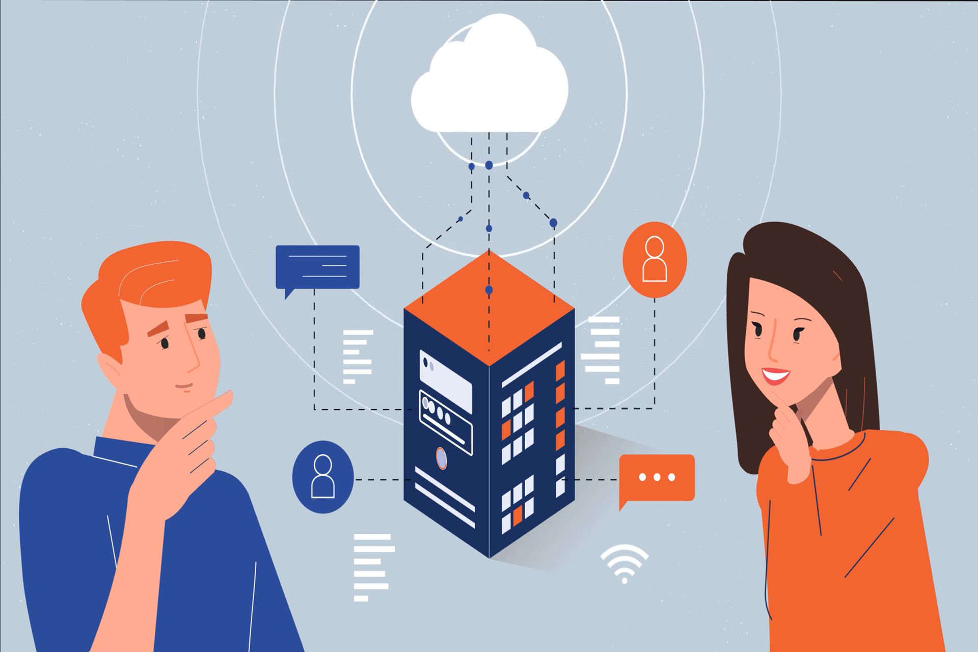 Persone di aziende diverse che immaginano un cloud di scambio dei dati