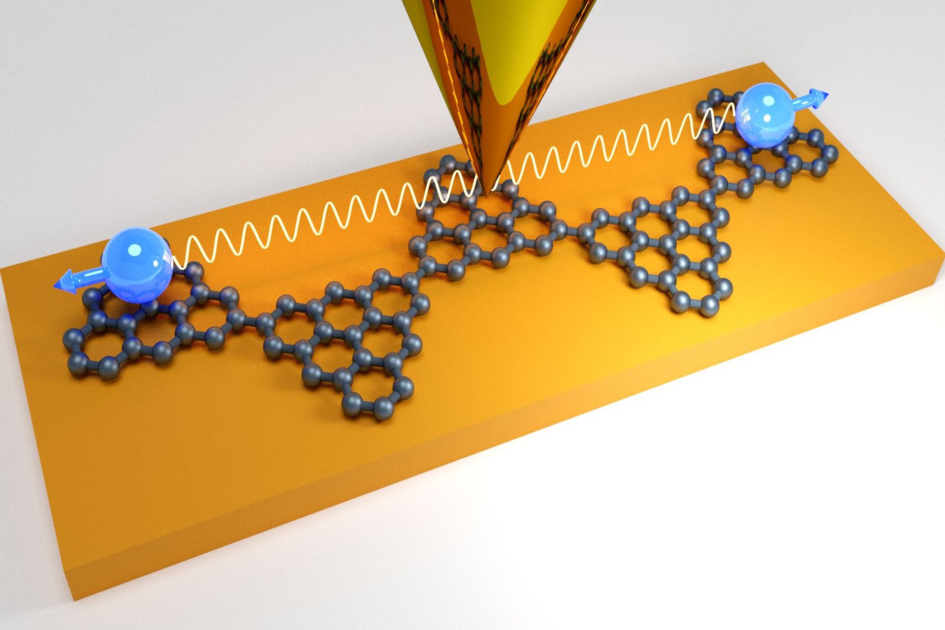 Rendering artistico di una catena di spin quantistici di Triangulene assorbita su una superficie d'oro e sondata con la punta affilata di un microscopio a effetto tunnel