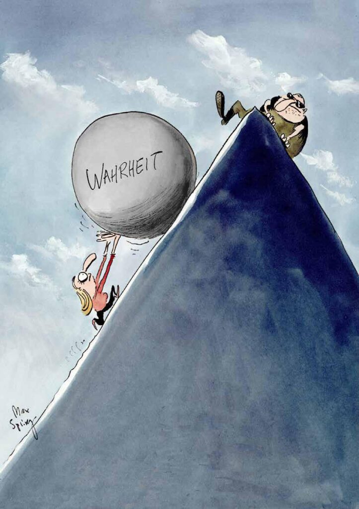 Una delle vignette riguardanti xenofobia, fake news e complottismo del numero 45-2021 della rivista della Commissione Federale contro il Razzismo della Svizzera