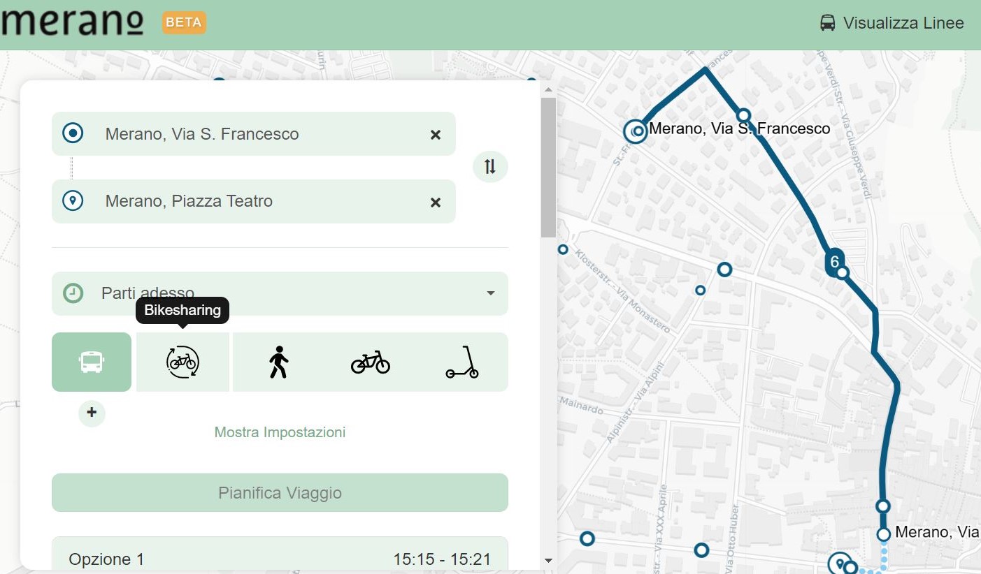 Uno screenshot dell'applicazione mobility.merano.eu