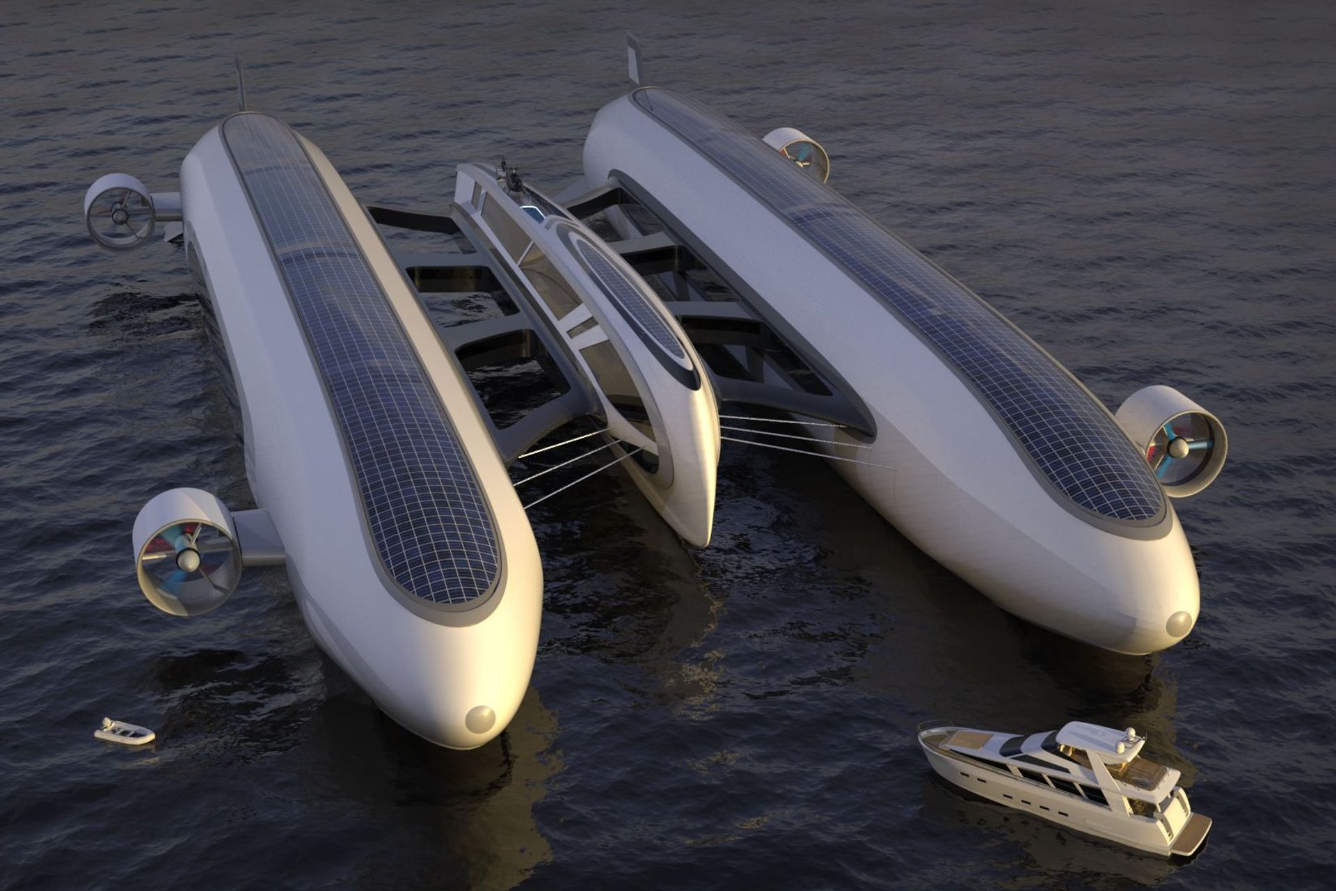 Il concept 'Sky Yacht' elaborato dallo studio Lazzarini Design per una mobilità aerea e acquatica sostenibile: in galleggiamento sull'acqua