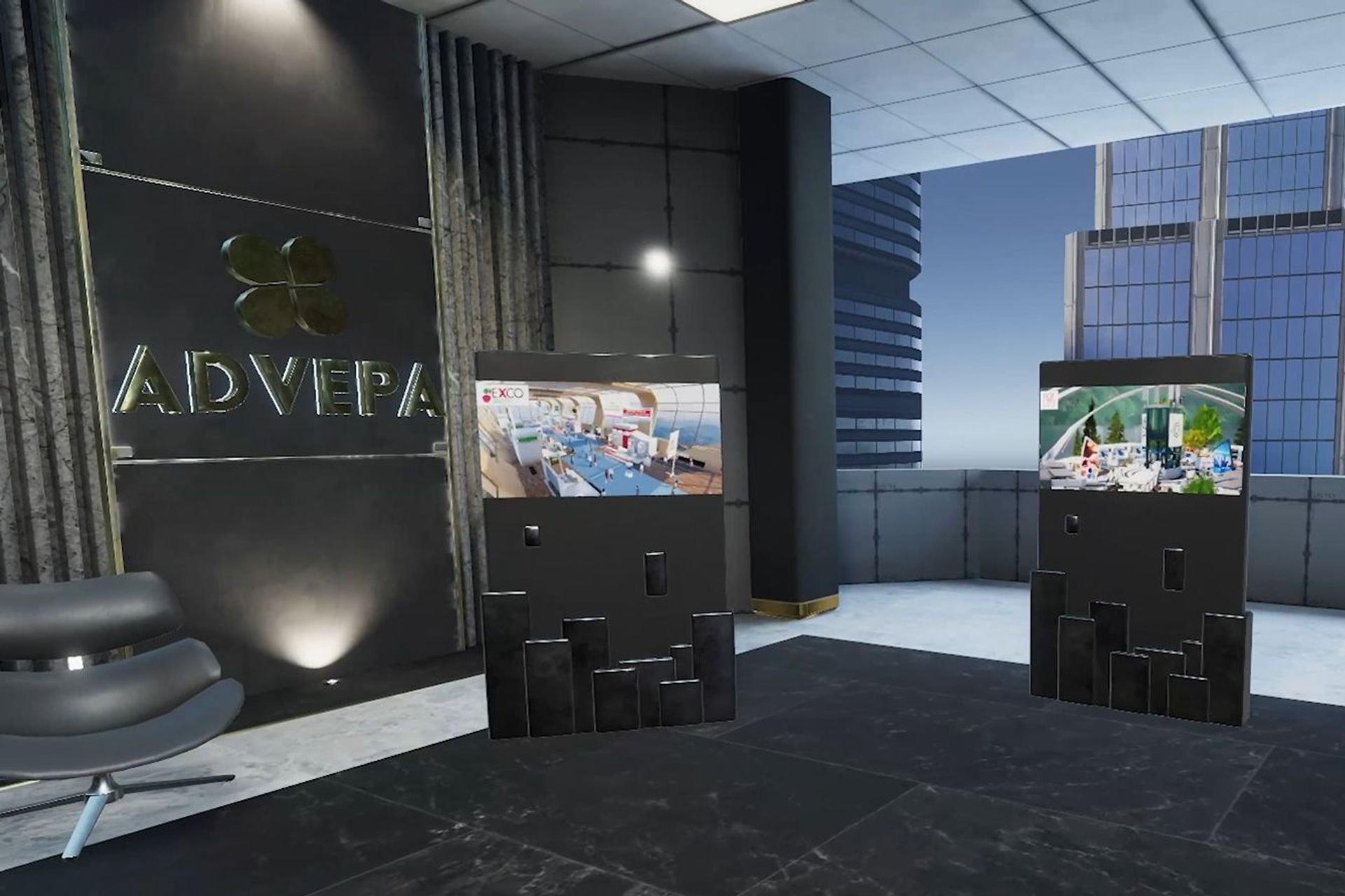 Lo screenshot di una stanza dell'ufficio virtuale 3D di Sercam Advisory realizzato da Advepa