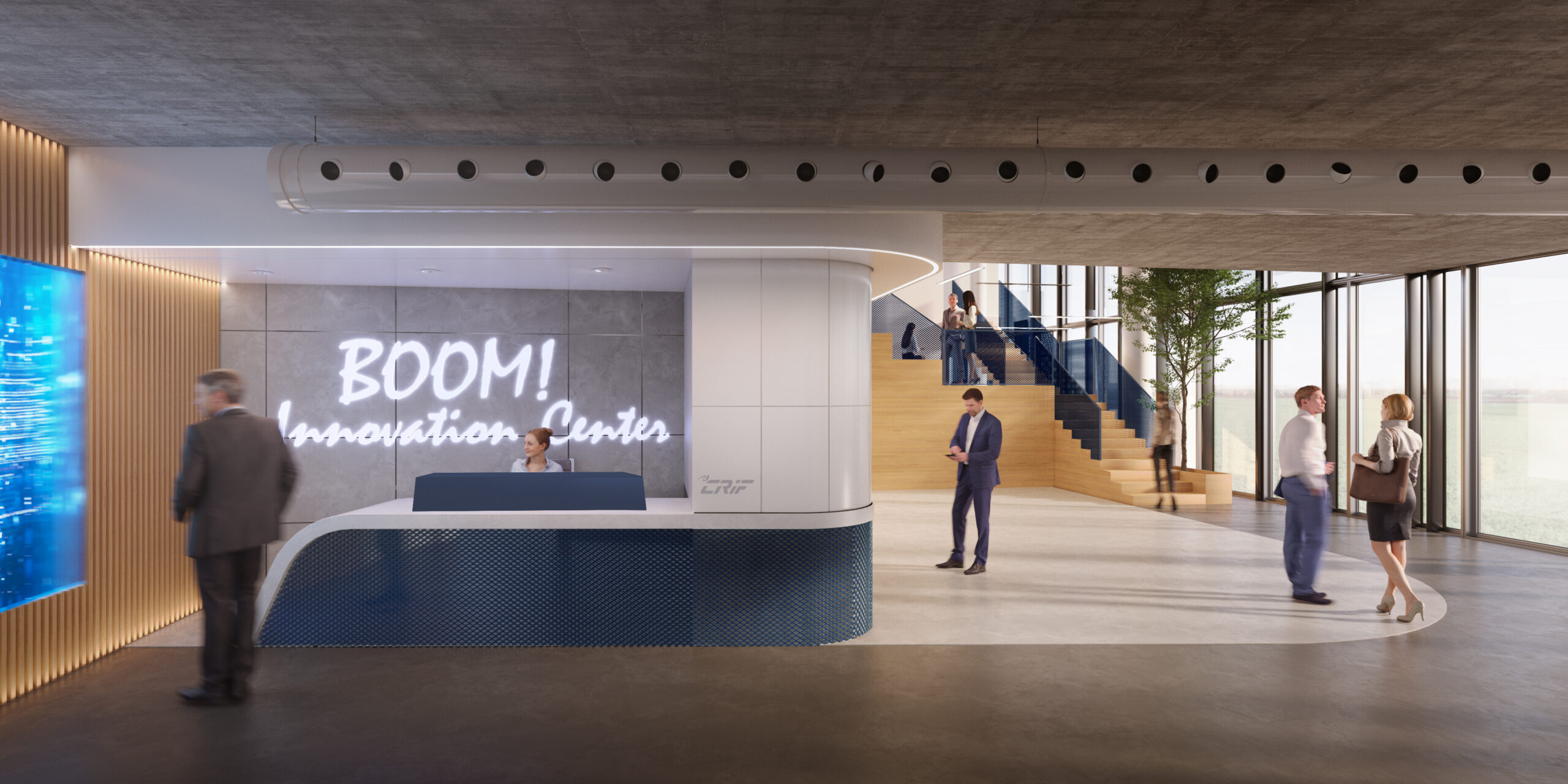 Il rendering della reception di BOOM, il polo CRIF per iniziative e formazione dedicato a tutti che sarà realizzato nel 2022 nella frazione di Osteria Grande di Castel San Pietro Terme