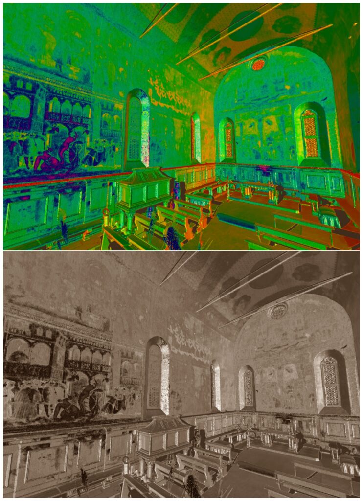 Un collage di confronto fra “Gemello Digitale” dell’Oratorio di San Giorgio di Padova e il corrispettivo reale