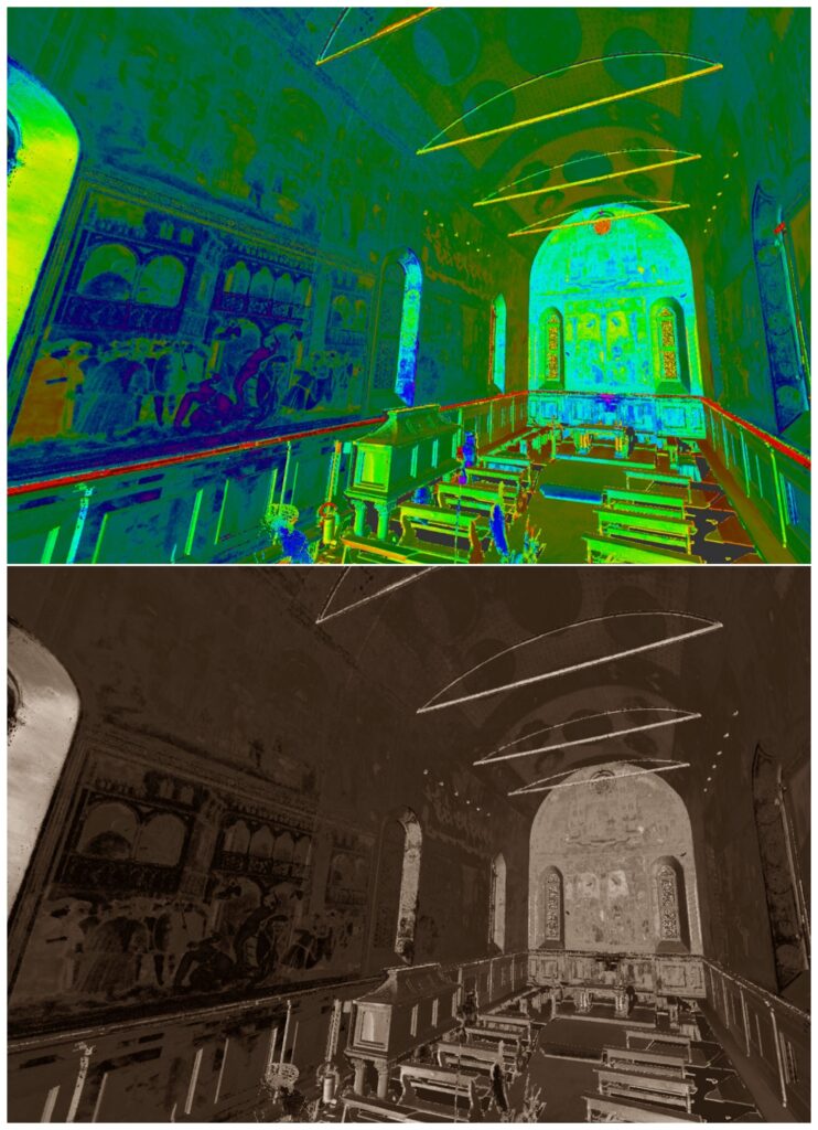 Un collage di confronto fra “Gemello Digitale” dell’Oratorio di San Giorgio di Padova e il corrispettivo reale