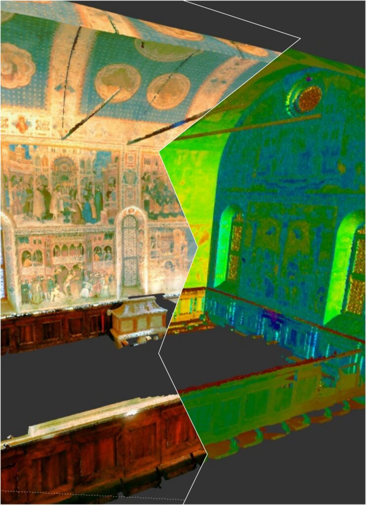 Un collage di confronto fra “Gemello Digitale” dell’Oratorio di San Giorgio di Padova e il corrispettivo reale