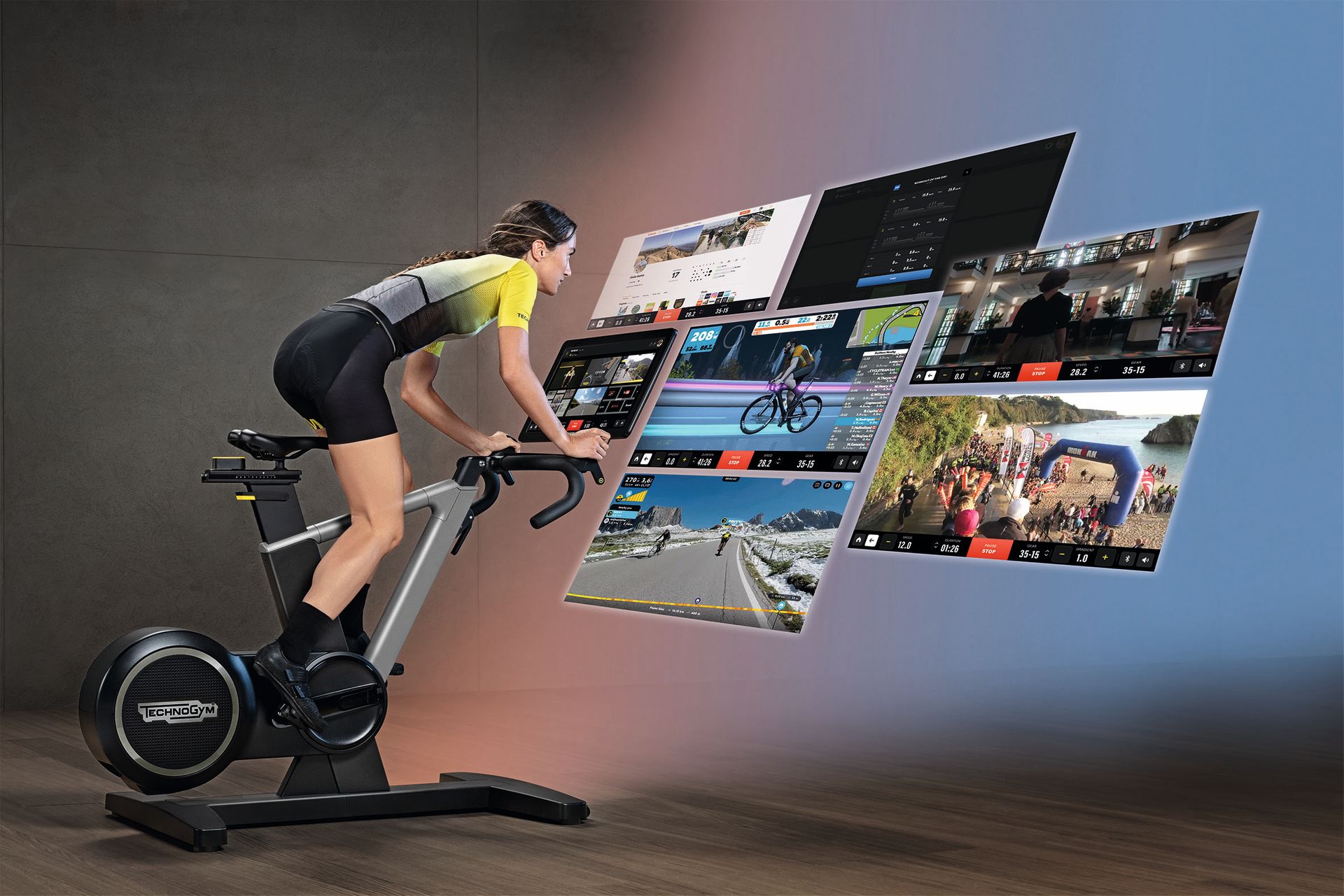 Technogym Ride è la prima Bike con uno schermo di 22 pollici che permette al fruitore di vivere un’esperienza indoor immersiva direttamente sulla console integrata, si accede alle principali App utilizzate dai ciclisti (fra cui Zwift, Strava, Rouvy, TrainingPeaks) a numerose applicazioni di intrattenimento (Netflix o Eurosport) e a una gamma completa di esperienze e programmi di allenamento studiati per migliorare le performance in outdoor (o su strada)