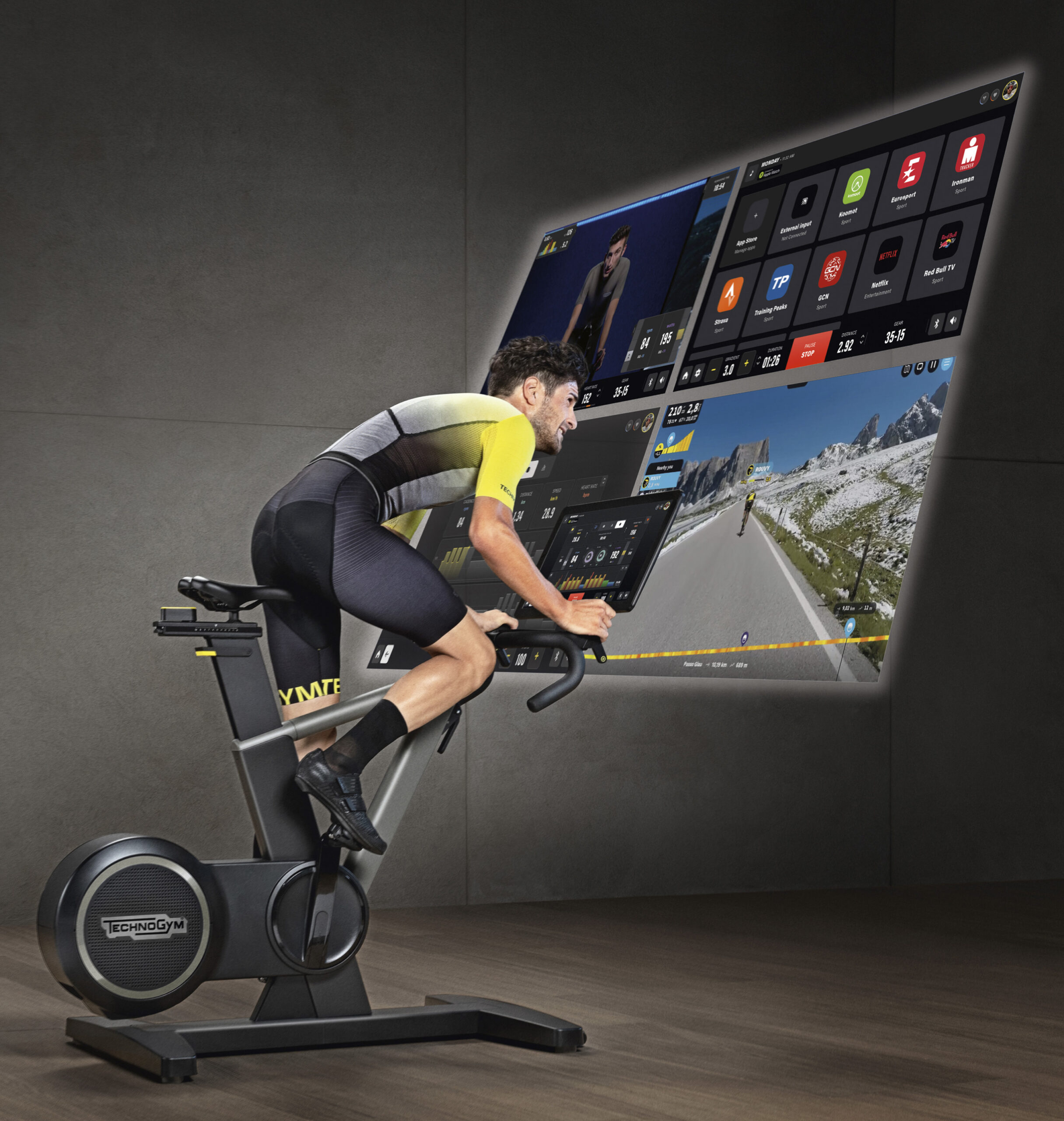 Technogym Ride è la prima Bike con uno schermo di 22 pollici che permette al fruitore di vivere un’esperienza indoor immersiva direttamente sulla console integrata, si accede alle principali App utilizzate dai ciclisti (fra cui Zwift, Strava, Rouvy, TrainingPeaks) a numerose applicazioni di intrattenimento (Netflix o Eurosport) e a una gamma completa di esperienze e programmi di allenamento studiati per migliorare le performance in outdoor (o su strada)