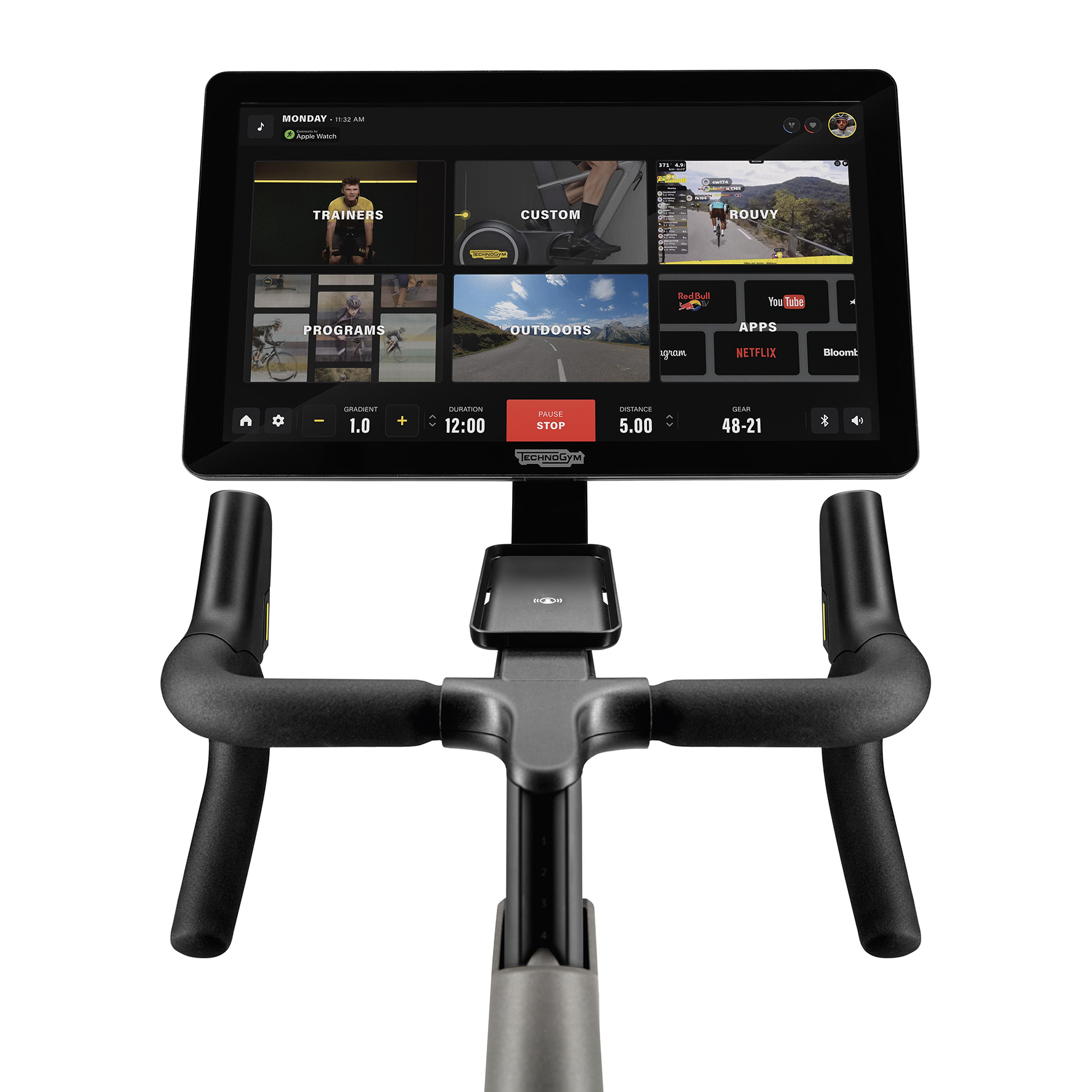 Technogym Ride è la prima Bike con uno schermo di 22 pollici che permette al fruitore di vivere un’esperienza indoor immersiva direttamente sulla console integrata, si accede alle principali App utilizzate dai ciclisti (fra cui Zwift, Strava, Rouvy, TrainingPeaks) a numerose applicazioni di intrattenimento (Netflix o Eurosport) e a una gamma completa di esperienze e programmi di allenamento studiati per migliorare le performance in outdoor (o su strada)