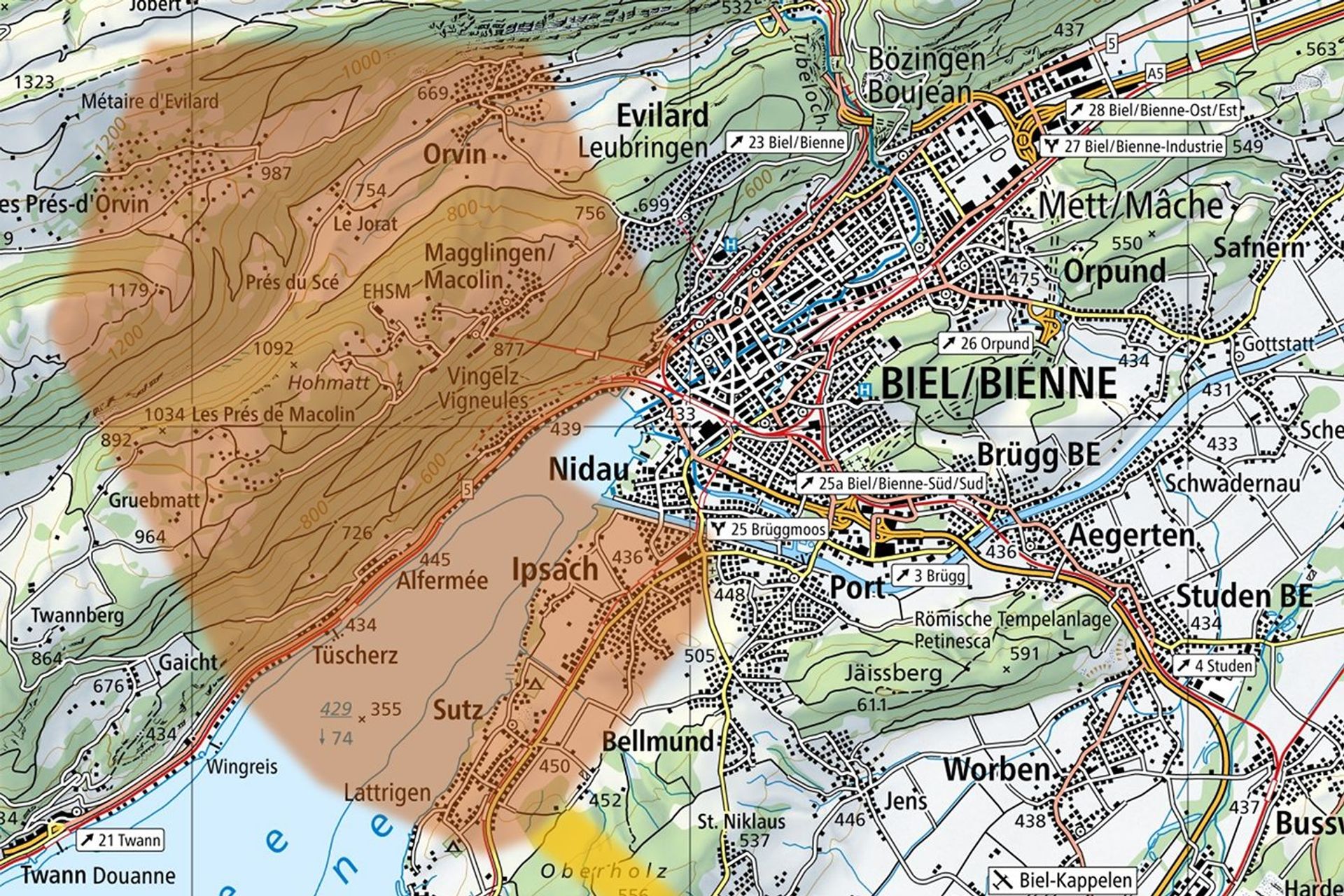 Grafico del perimetro approssimativo della prospezione attesa per l'area di Macolin ed Evilard nel Canton Berna