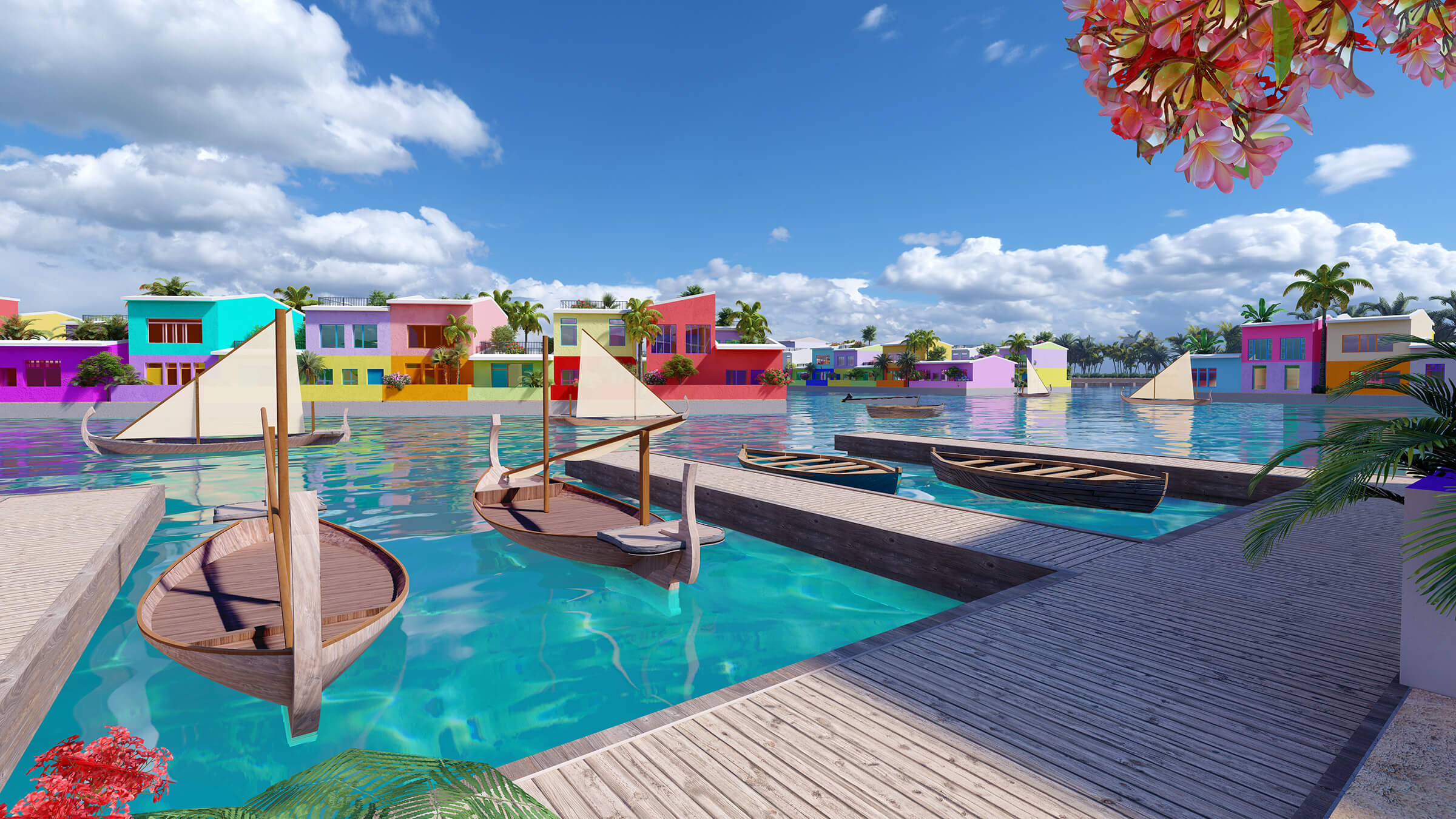La “Maldives Floating City” è una laguna della superficie di circa 200 ettari, caratterizzata da edifici e da strade galleggianti, situata alle Maldive a circa 10 minuti di barca dalla capitale Malé allo scopo di proteggere i residenti dalla crescita del livello dei mari: lì edifici bassi e orientati verso il mare con strade ordinate fiancheggiate da palme