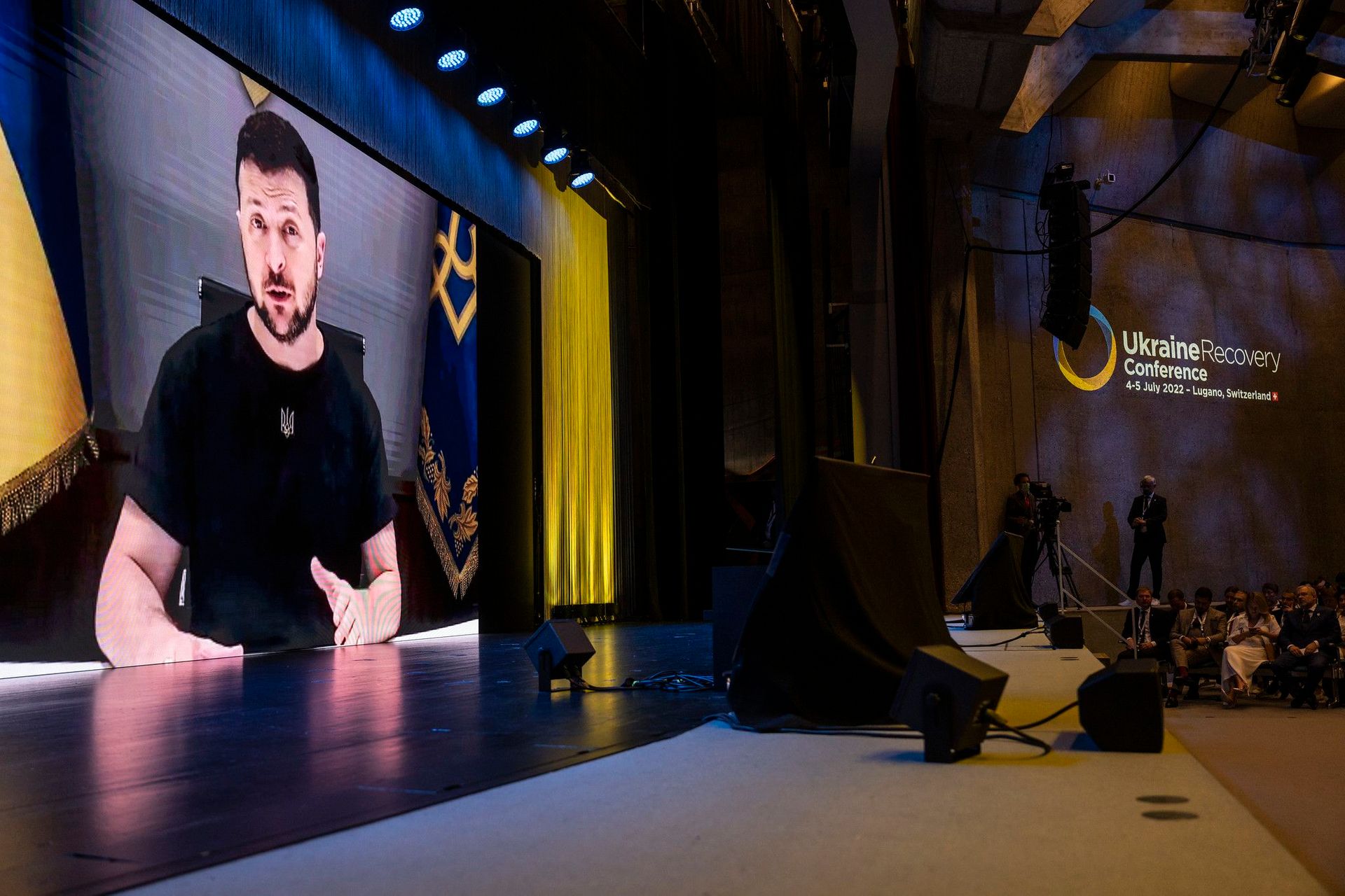 Volodymyr Zelens'kyj, presidente dell'Ucraina, in collegamento con la “Ukraine Recovery Conference” (URC2022) di Lugano in Svizzera il 4 e 5 luglio 2022