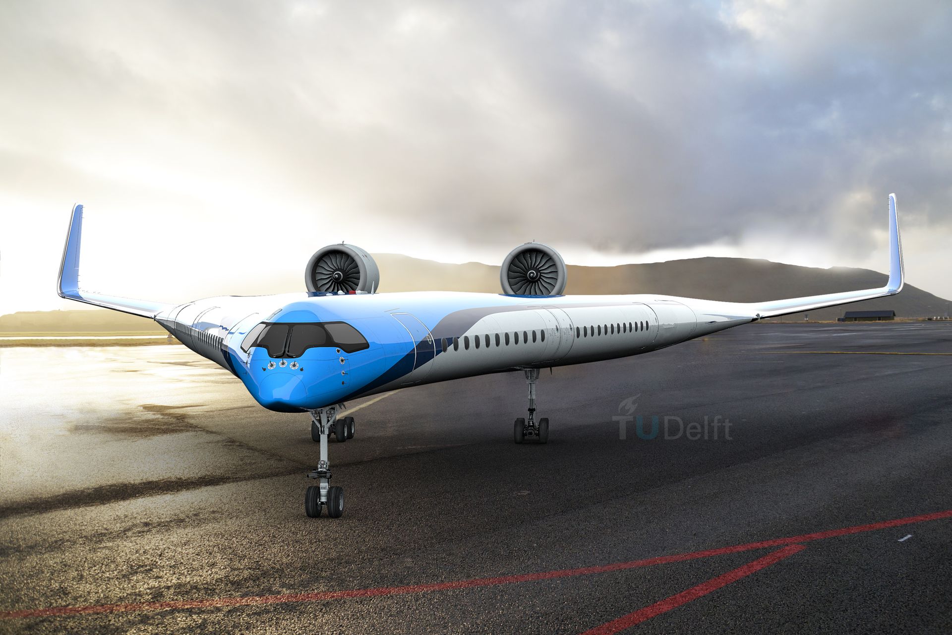L’aereo sostenibile “Flying-V” di KLM e dell’Università TU Delft (Ilustrazione: Edwin Wallet/Studio OSO)
