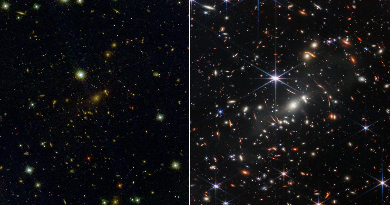 Telescopi spaziali a confronto a sinistra, la stessa porzione di cielo vista dall’Hubble Space Telescope e, a destra, osservata dal più recente James Webb