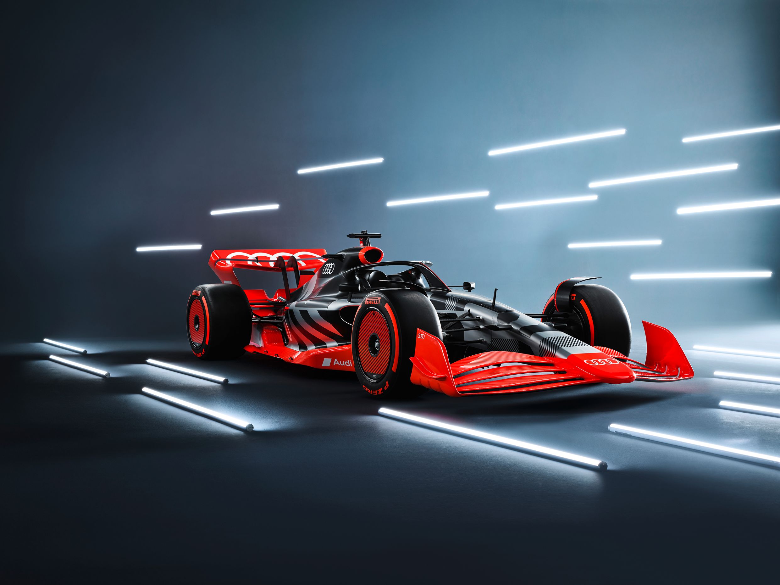Una monoposto di Formula 1 adattata alla livrea Audi Sport