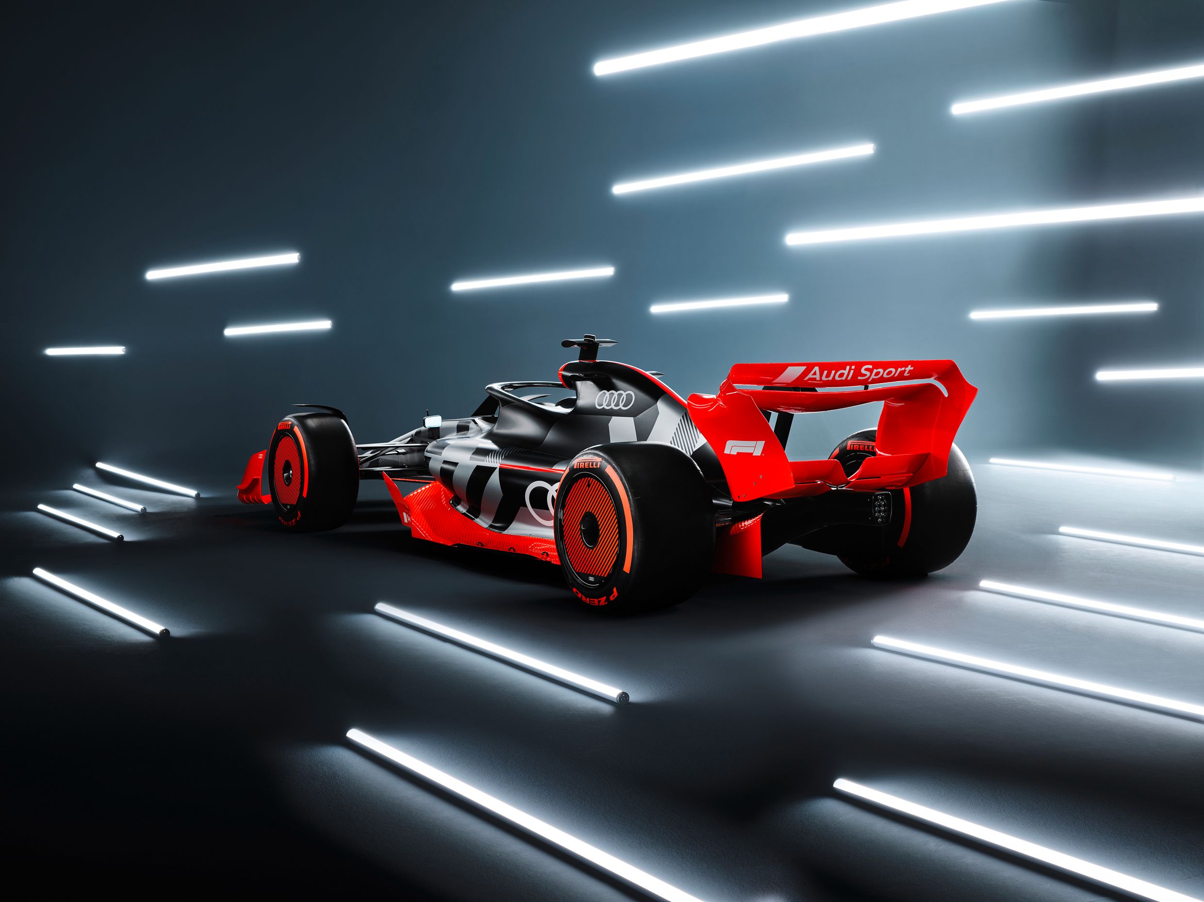 Una monoposto di Formula 1 adattata alla livrea Audi Sport