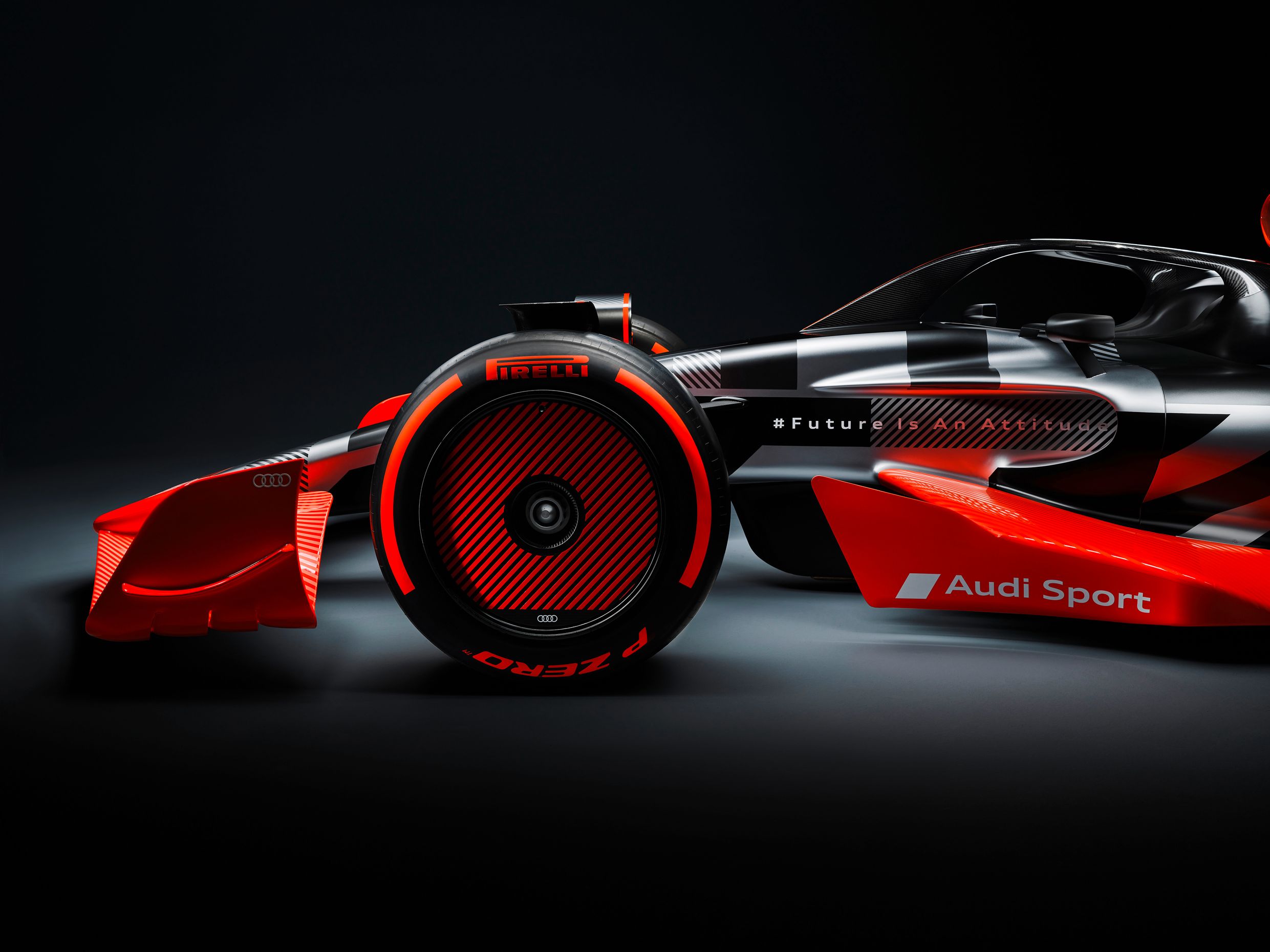 Una monoposto di Formula 1 adattata alla livrea Audi Sport
