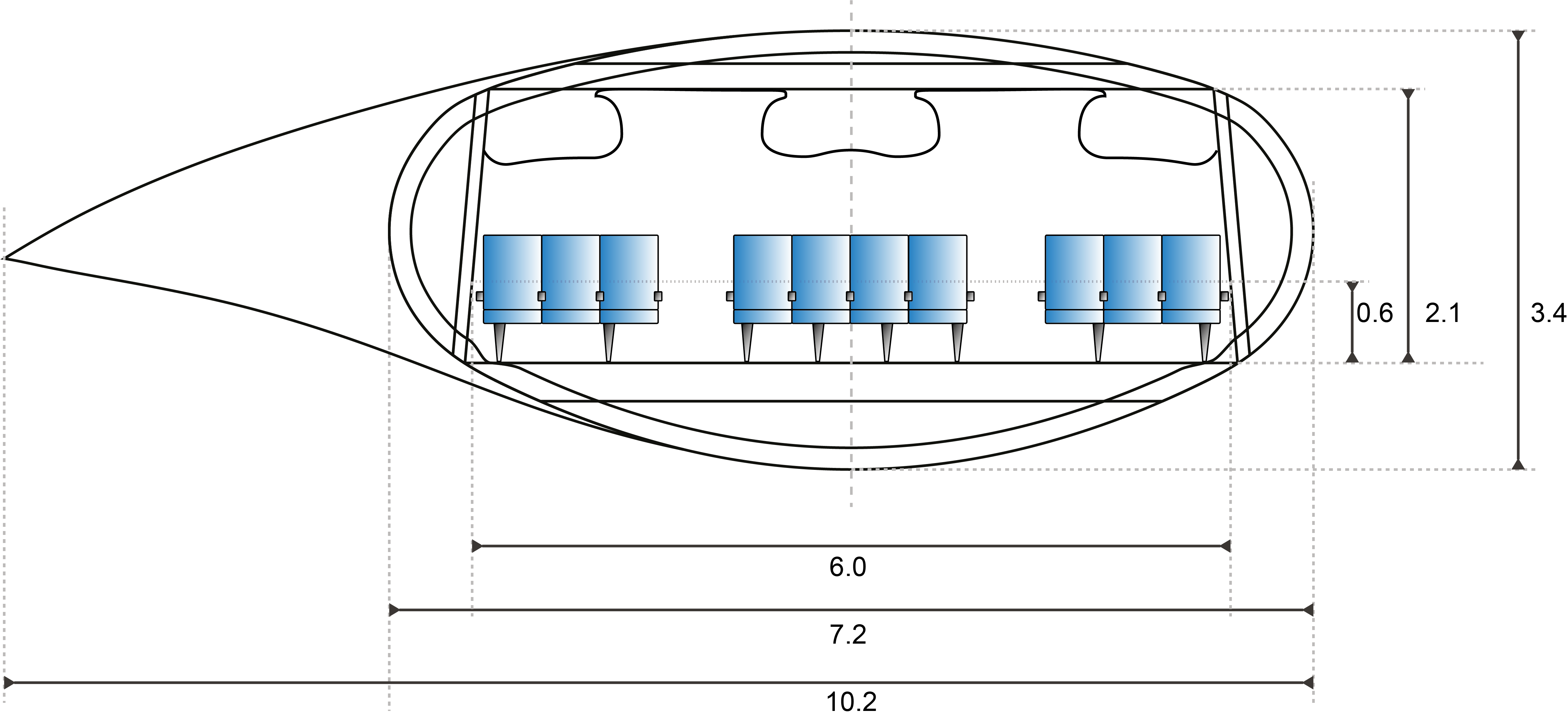 La sezione della cabina dell’aereo sostenibile “Flying-V” di KLM e TU Delft