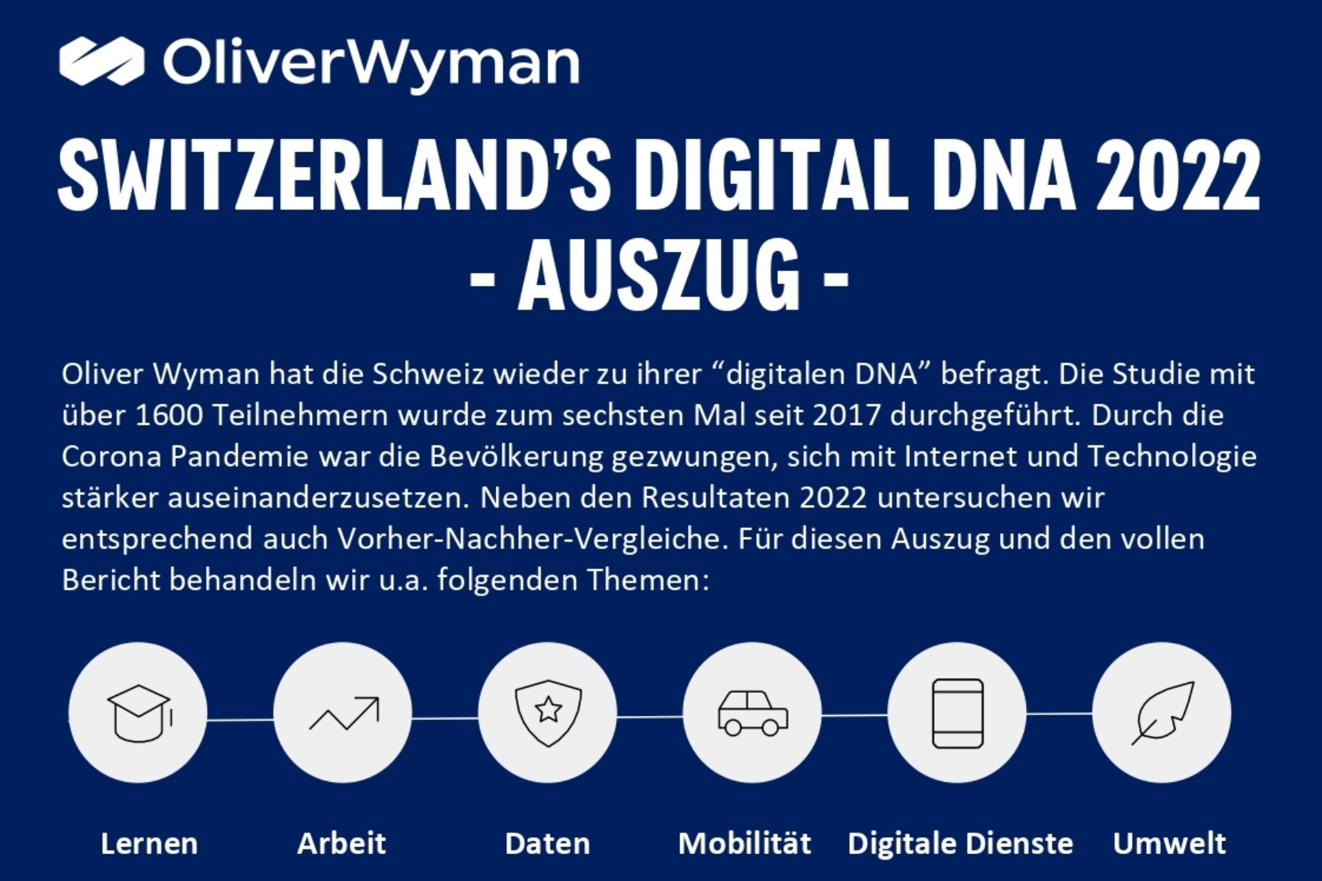 الجزء العلوي من الصفحة الأولى من الرسوم البيانية للتحقيق في "Switzerlands Digital DNA" بواسطة Oliver Wyman و digitalsw Switzerland