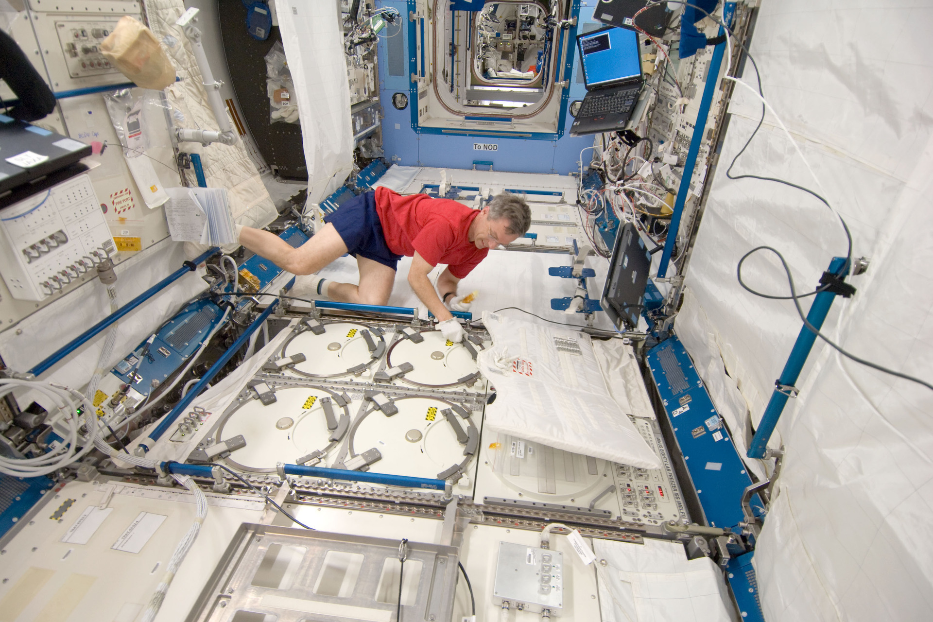 L’astronauta Robert Thirsk alle prese con campioni di materiale destinato ad esperimenti presso il congelatore del laboratorio della Stazione Spaziale Internazionale a meno ottanta gradi