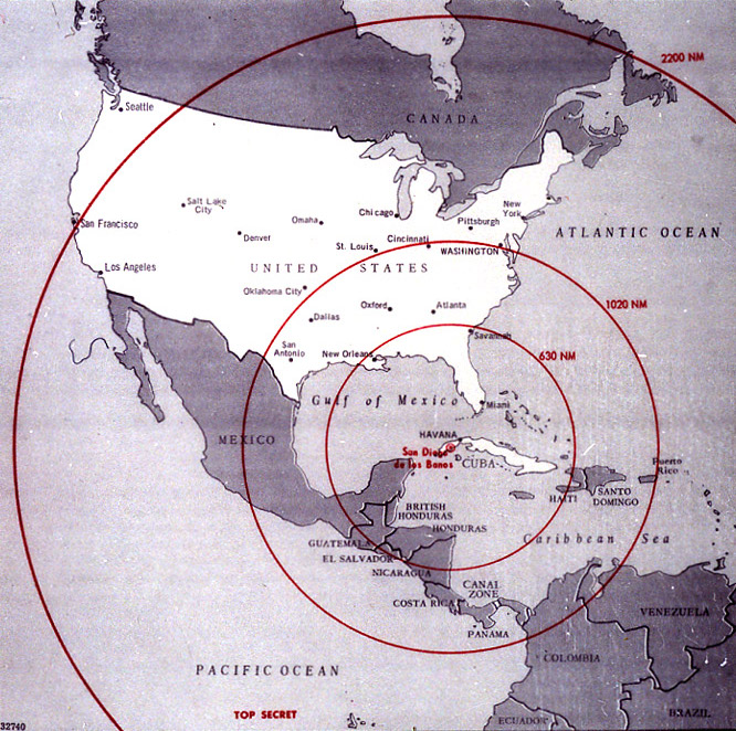 Una mappa della portata massima dei missili URSS installati a Cuba nel 1962