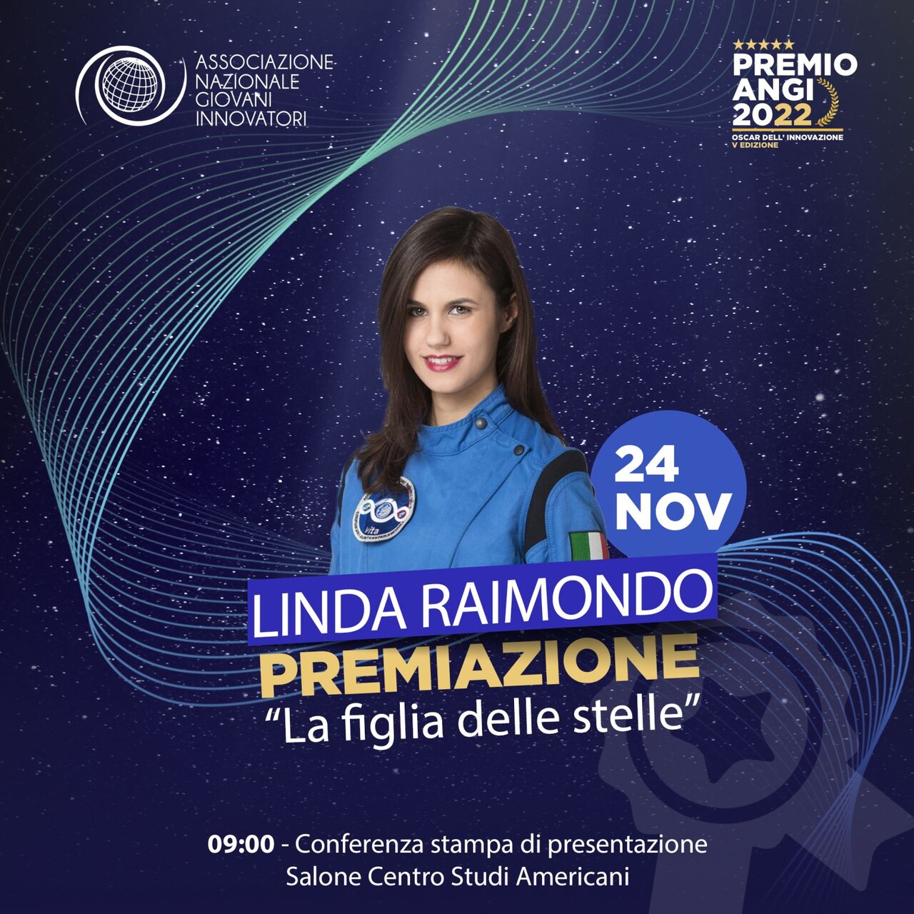 Linda Raimondo, "La figlia delle stelle", ha ricevuto in anticipo il "Premio ANGI" 2022 il 24 novembre al Centro Studi Americani di Roma