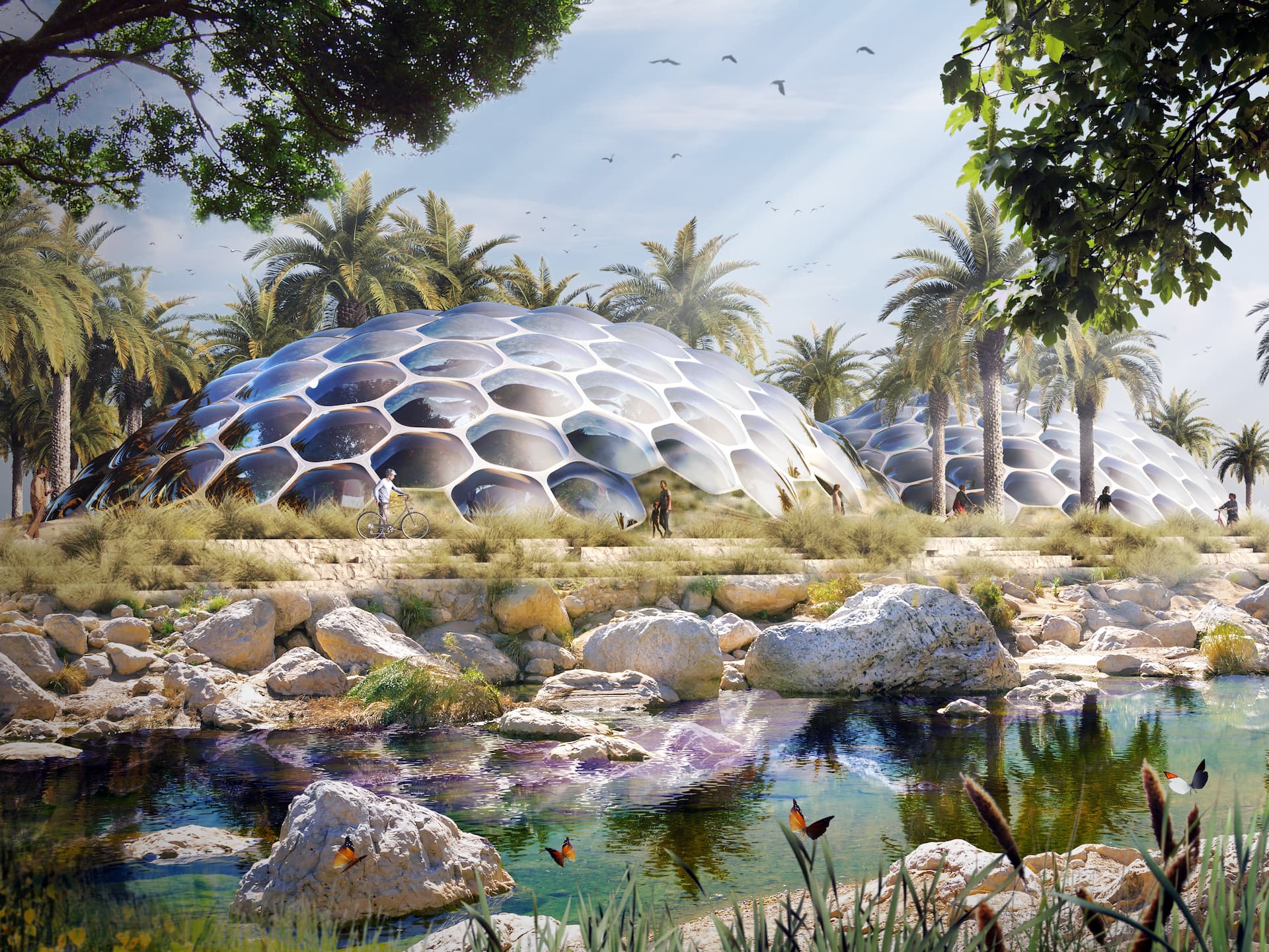 Il design rende XZERO una città votata alla biofilia: il design del paesaggio darà vita a diversi benefici ambientali, sociali ed economici quali la riduzione dell'inquinamento, la gestione corretta delle acque meteoriche e l'aumento delle interazioni sociali fra i diversi cittadini (Foto: URB)