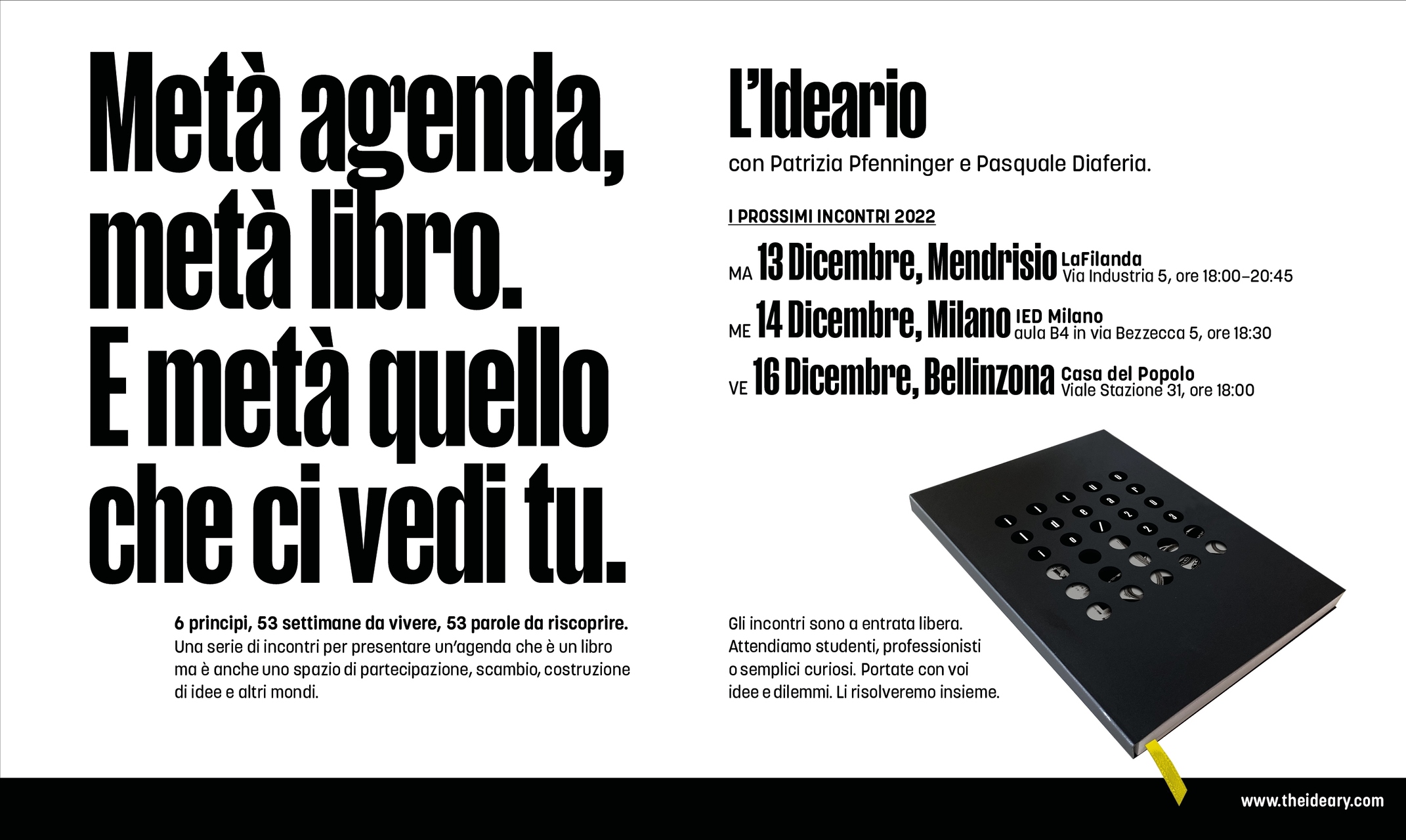L'Ideario: gli incontri di dicembre 2022 di presentazione de “L'ideario” 2023 di Patrizia Pfenninger e Pasquale Diaferia