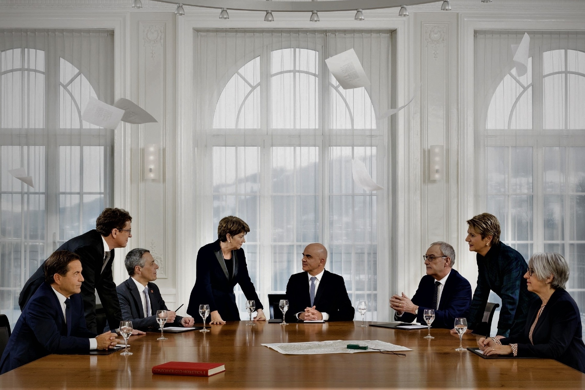 WEF 2023: la fotografia ufficiale 2023 del Consiglio Federale della Confederazione Elvetica: da sinistra verso destra, il Cancelliere Federale Walter Thurnherr e i Consiglieri Federali Albert Rösti, Ignazio Cassis, Viola Amherd (Vice Presidente), Alain Berset (Presidente), Guy Parmelin, Karin Keller-Sutter ed Elisabeth Baume-Schndeider