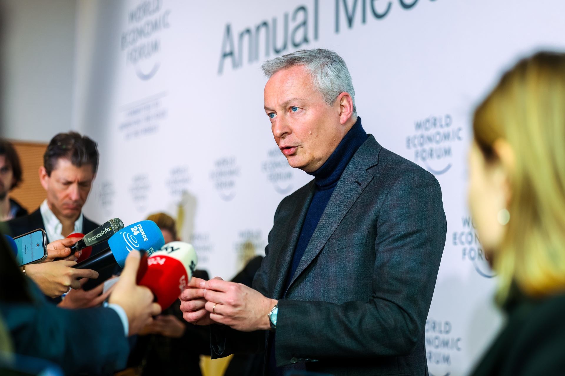 WEF: Bruno Le Maire, Ministro dell'Economia, delle Finanze e della Sovranità Industriale e Digitale della Francia, a colloquio con la stampa in occasione all’edizione 2023 del World Economic Forum a Davos