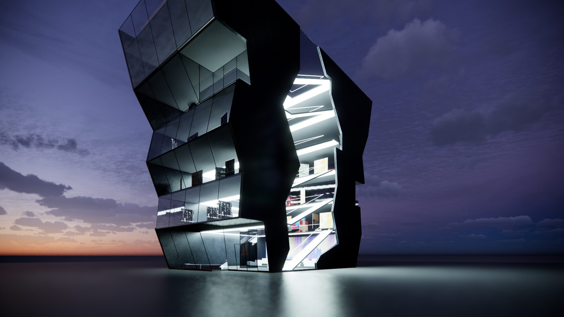 HELMallery: l’esterno dell’edificio multipiano nel Metaverso frutto della collaborazione fra Pini Group ed HELM: è stato sviluppato per la DAO di DecentraLand