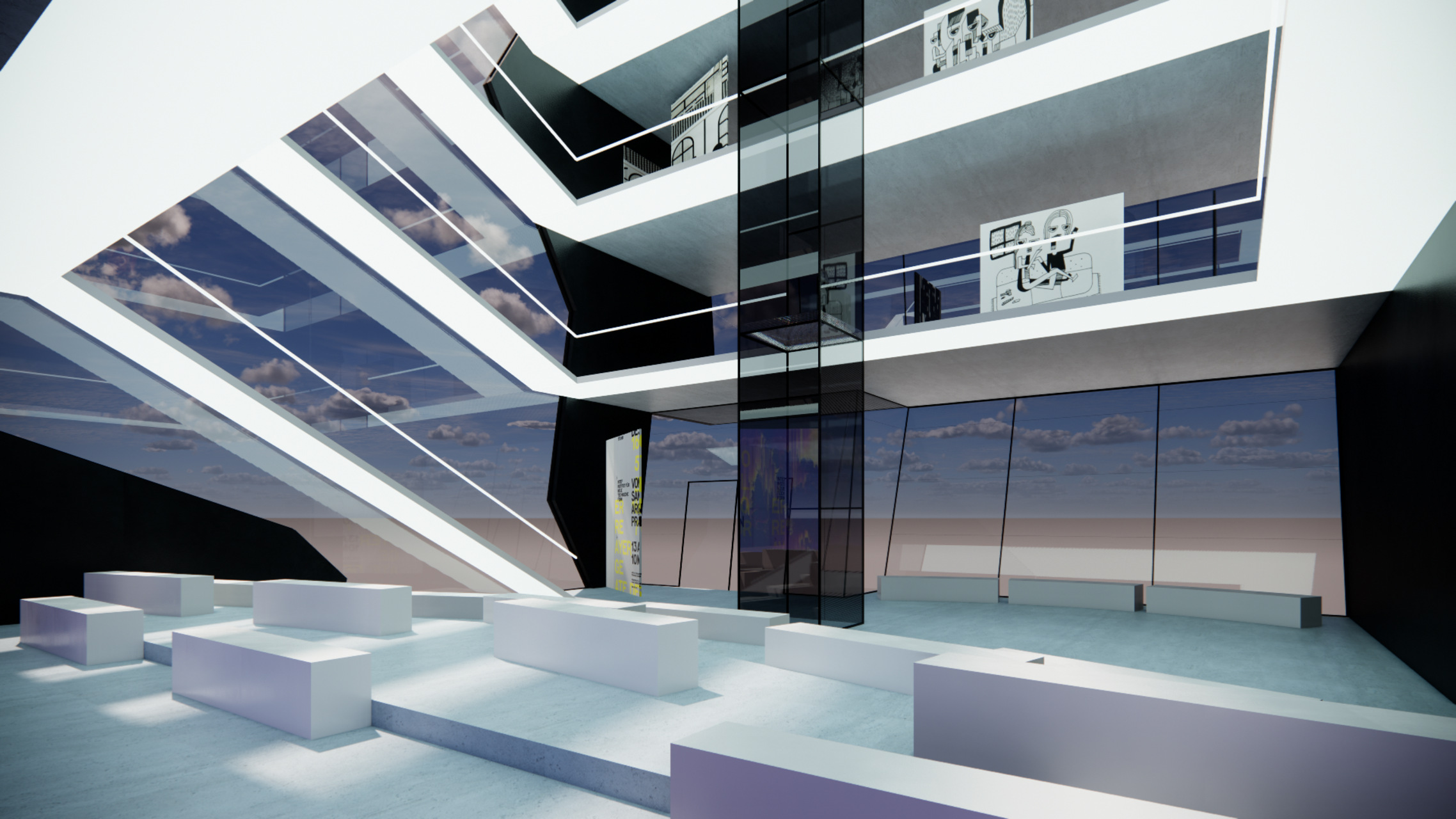 HELMallery: l’interno dell’edificio multipiano nel Metaverso frutto della collaborazione fra Pini Group ed HELM: è stato sviluppato per la DAO di DecentraLand