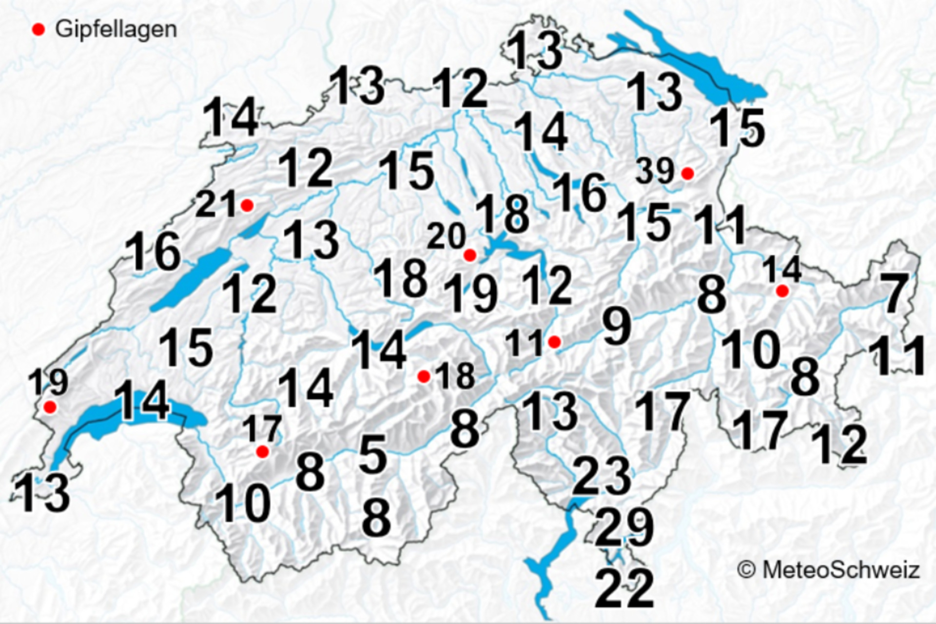 Fulmine: la media di giorni con temporali all’anno in Svizzera, intendendo almeno un temporale al giorno, per il periodo 2000-2020