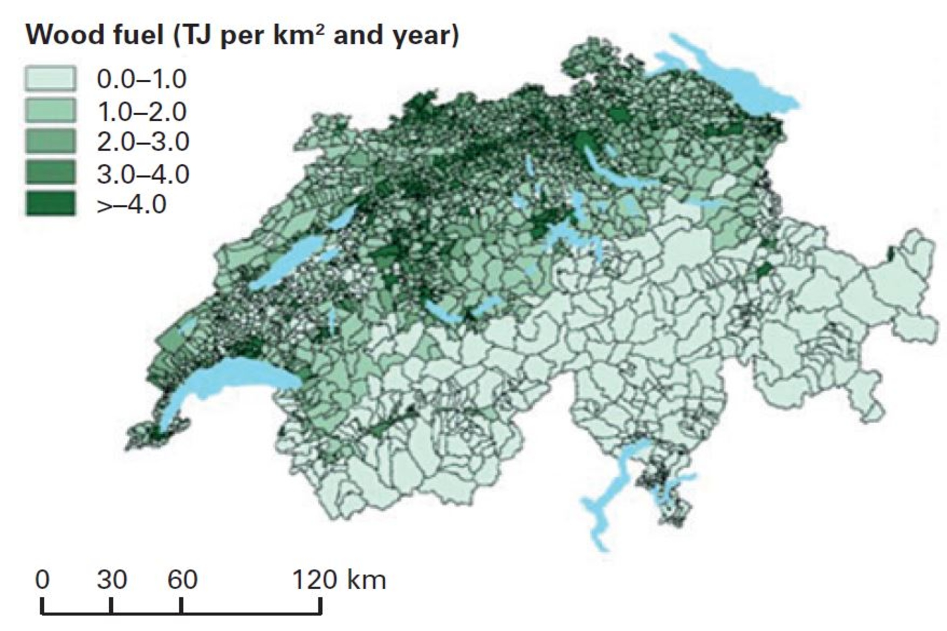 Legno: una mappa mostra la quantità di legno da energia che può essere ottenuta in modo economicamente ed ecologicamente sostenibile in ogni Comune della Confederazione Elvetica