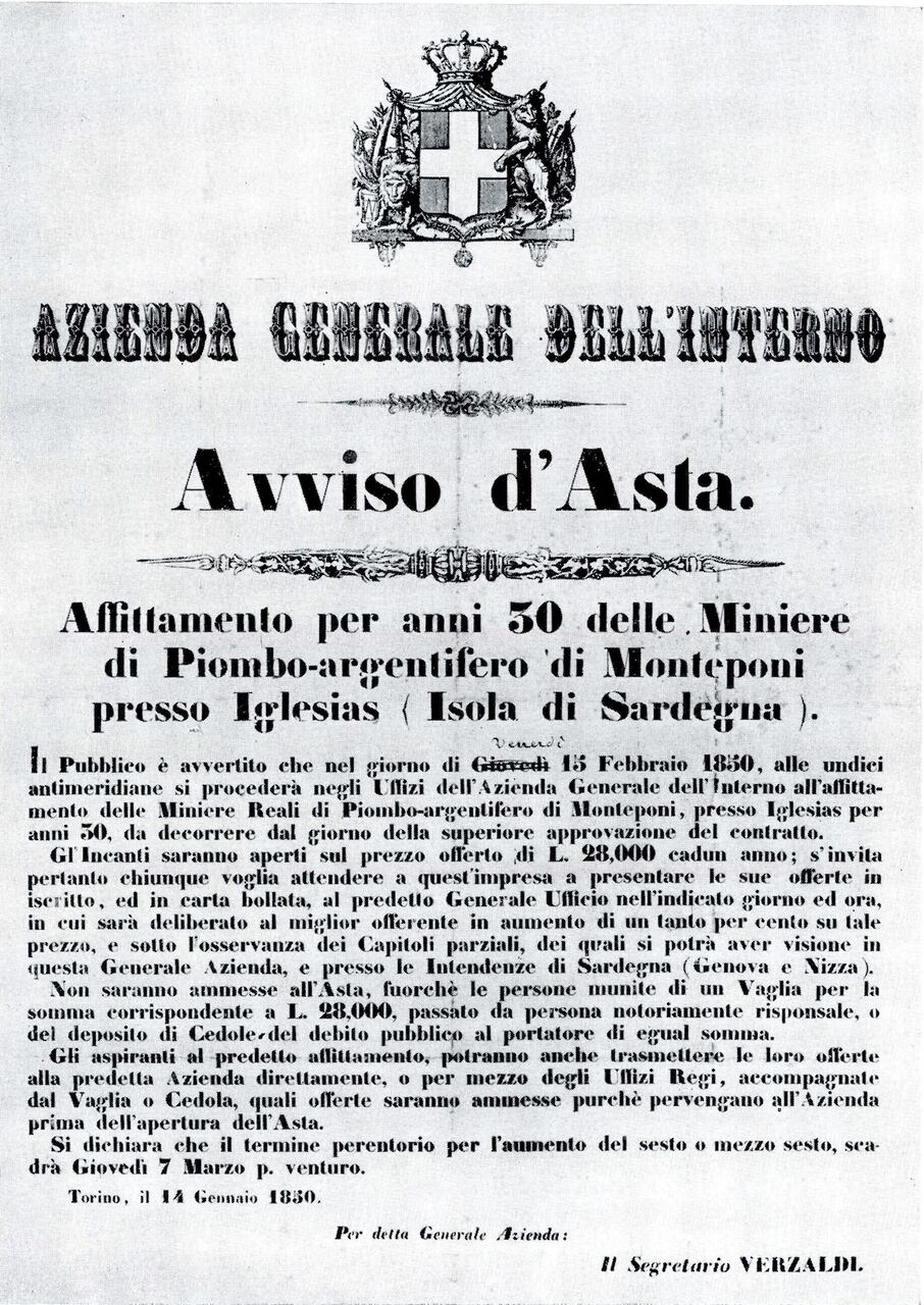 Pecora: un avviso d'asta per l'affitto di una miniera di galena vicino Iglesias nel Regno di Sardegna risalente al 1850