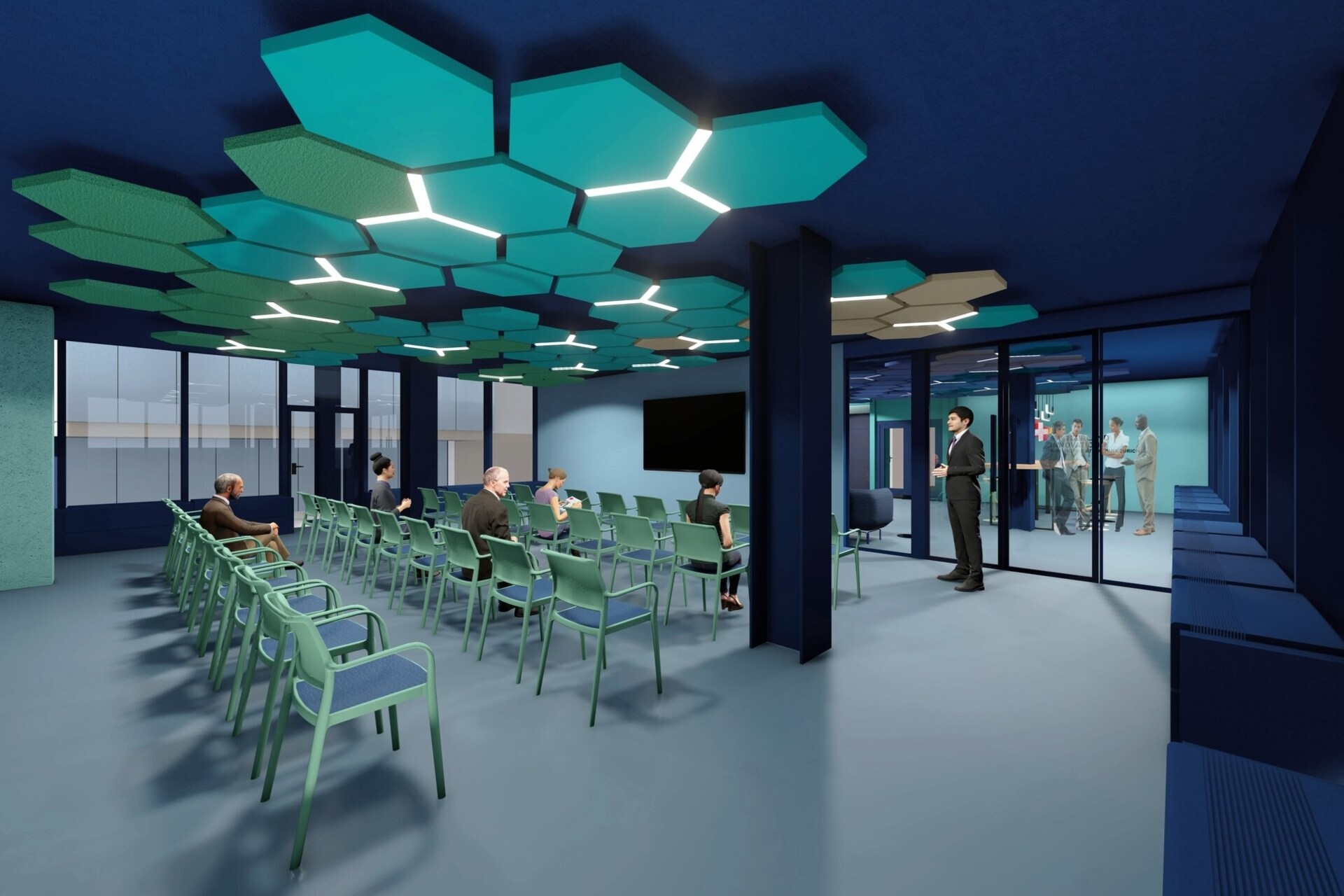 LTCC: il rendering della sala eventi del Lifestyle Tech Competence Center del Dagorà Lifestyle Innovation Hub al numero civico 21 di via Pietro Peri a Lugano