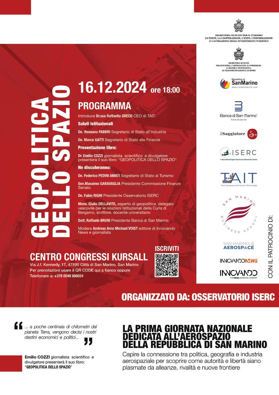 Aerospazio e geopolitica: lLa locandina con programma completo del convegno del 16 dicembre 2024 a San Marino