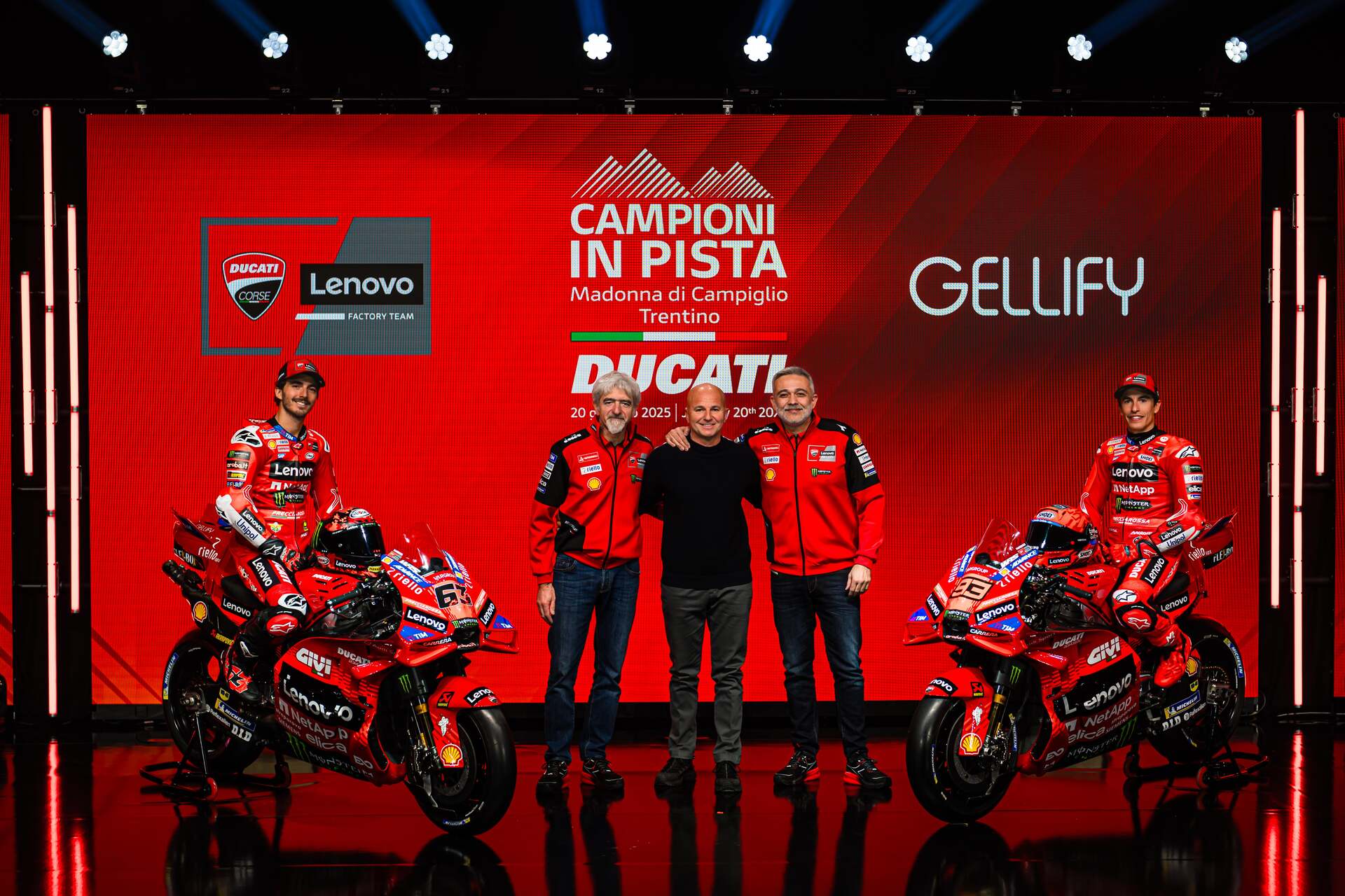 GELLIFY e Ducati: Luigi Dall’Igna, Fabio Nalucci, Mauro Grassilli, Francesco Bagnaia e Marc Márquez