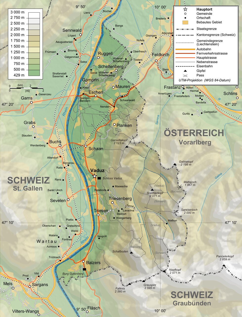 Liechtenstein: la mappa fisica evidenzia la conformazione geografica del Principato alpino tra Svizzera e Austria