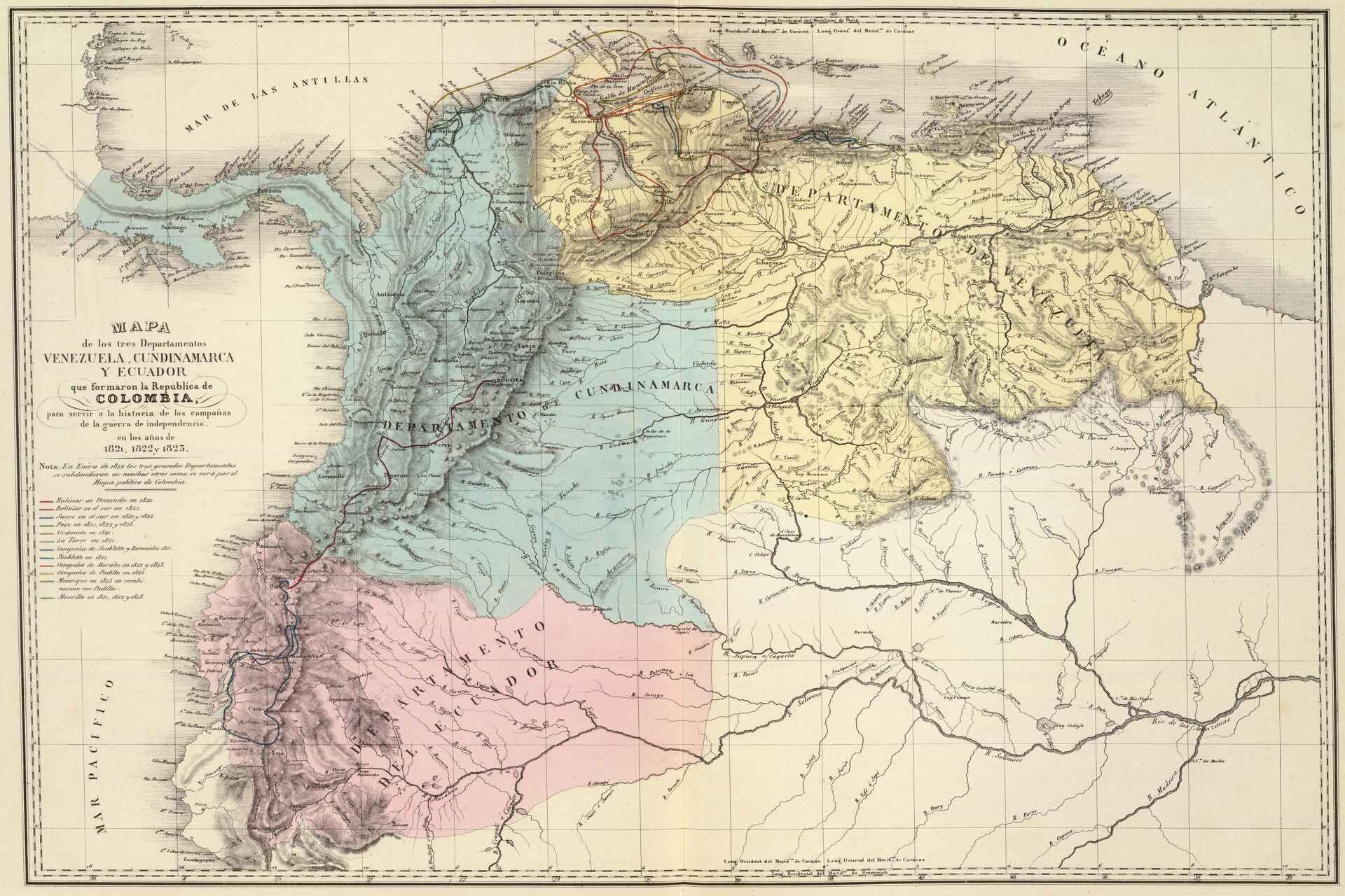 Venezuela: una mappa delle campagne militari che portarono alla liberazione di Venezuela, Cundinamarca e Quito