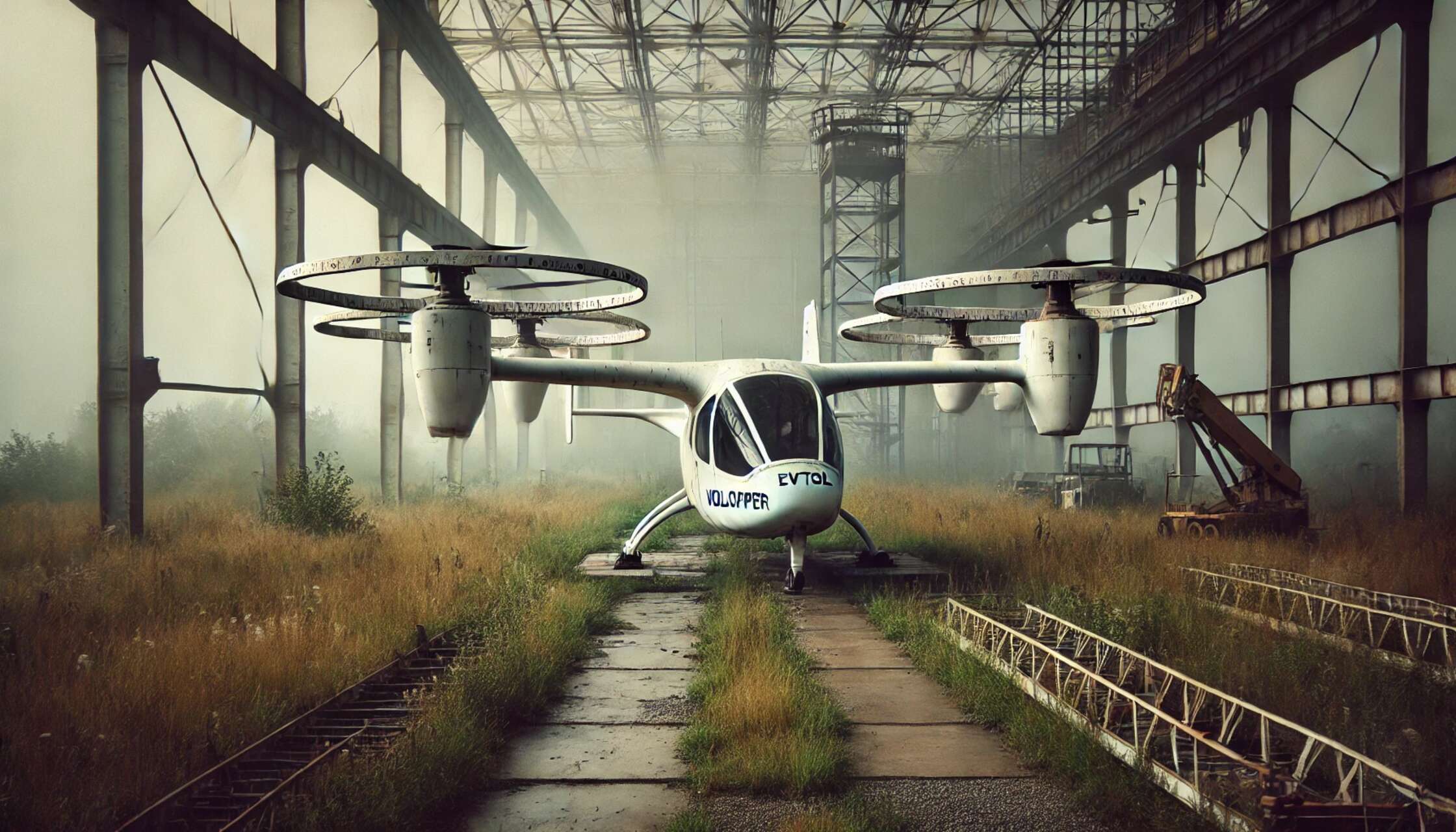 eVTOL: un mezzo Volocopter fermo in una pista di prova abbandonata racconta un destino infelice