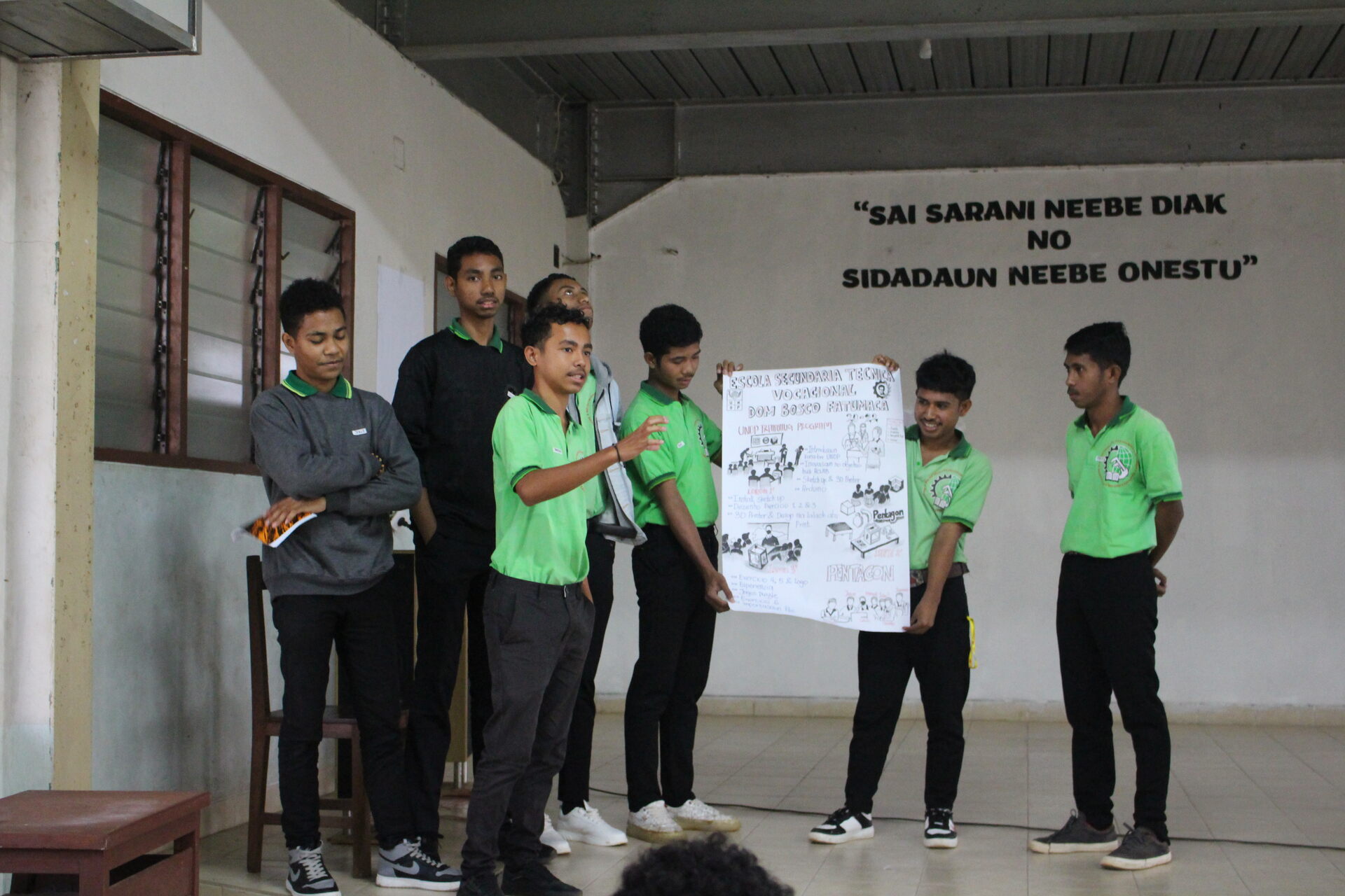 Timor Est: studenti dell'Escola Secundária Técnica Vocacional "Dom Bosco Fatumaca" con un manifesto