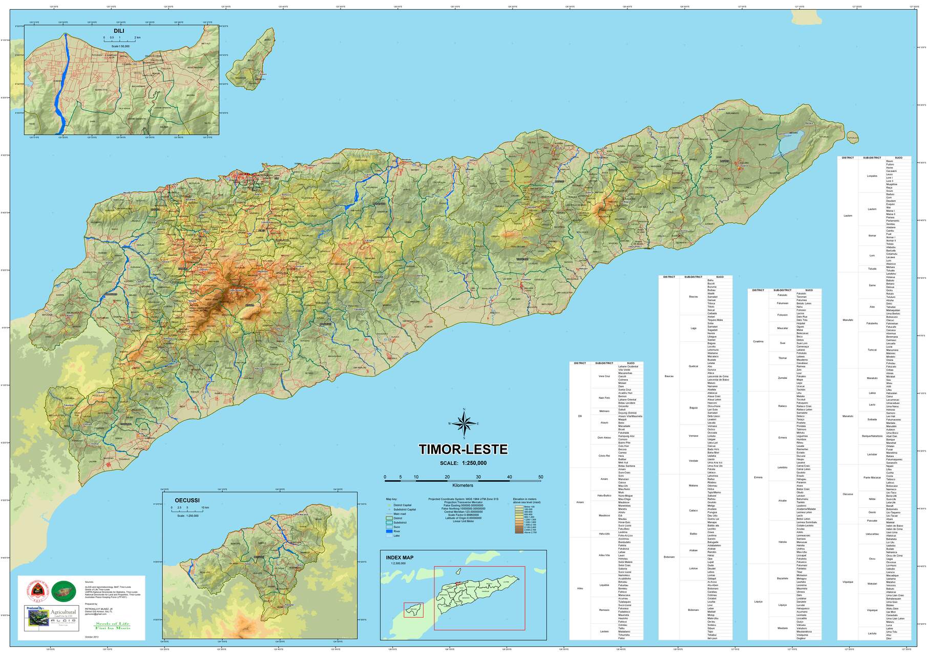 Timor Est: mappa dettagliata che evidenzia la conformazione geografica del Paese asiatico