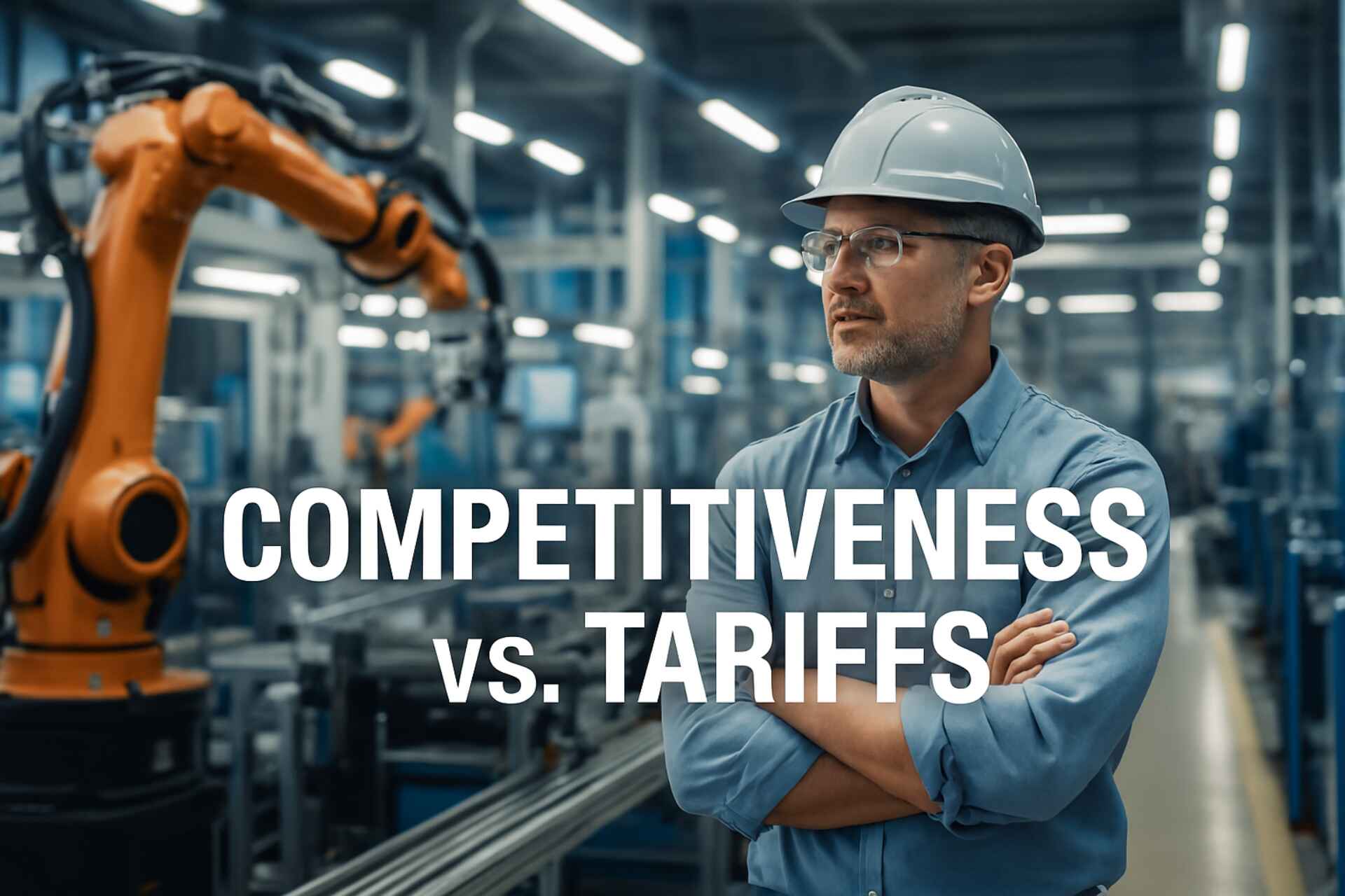 Tecnico industriale in una fabbrica moderna tra robot e macchinari con la scritta ‘Competitiveness vs. Tariffs