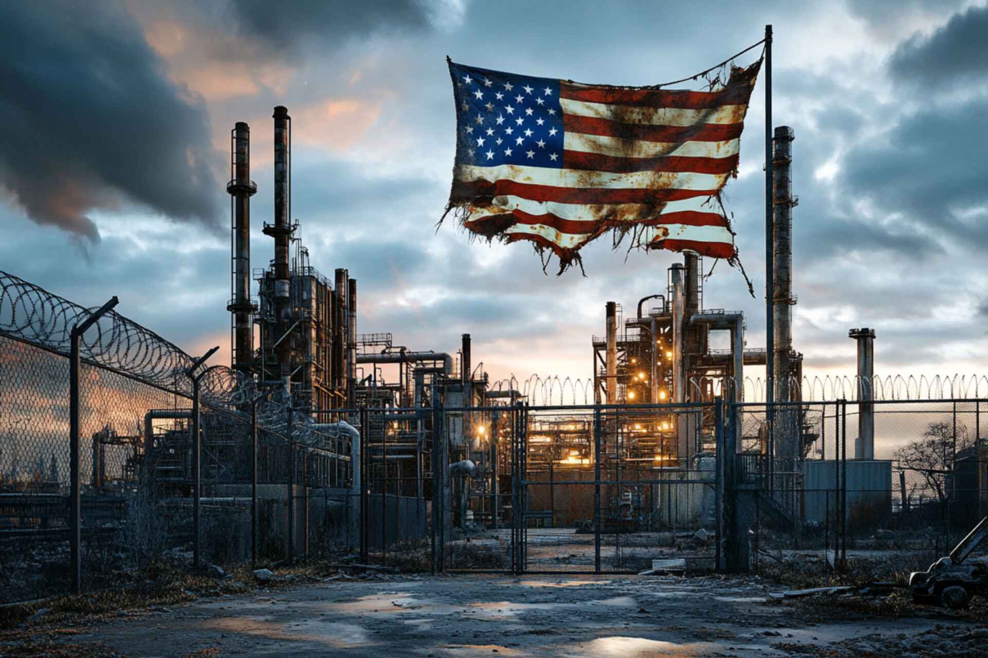 Fabbrica americana al tramonto tra ombre e luci, con bandiera USA strappata e impianti industriali in stallo, simbolo del dilemma dei dazi