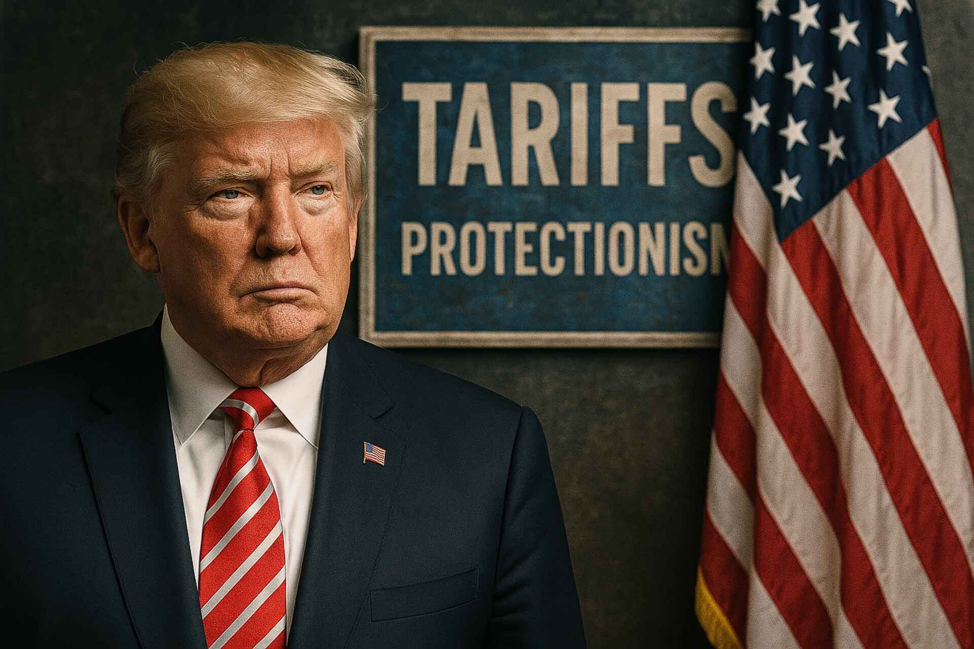Donald Trump con bandiera americana sullo sfondo e scritta ‘Tariffs Protectionism’, simbolo del paradosso tra dazi e Stato debole
