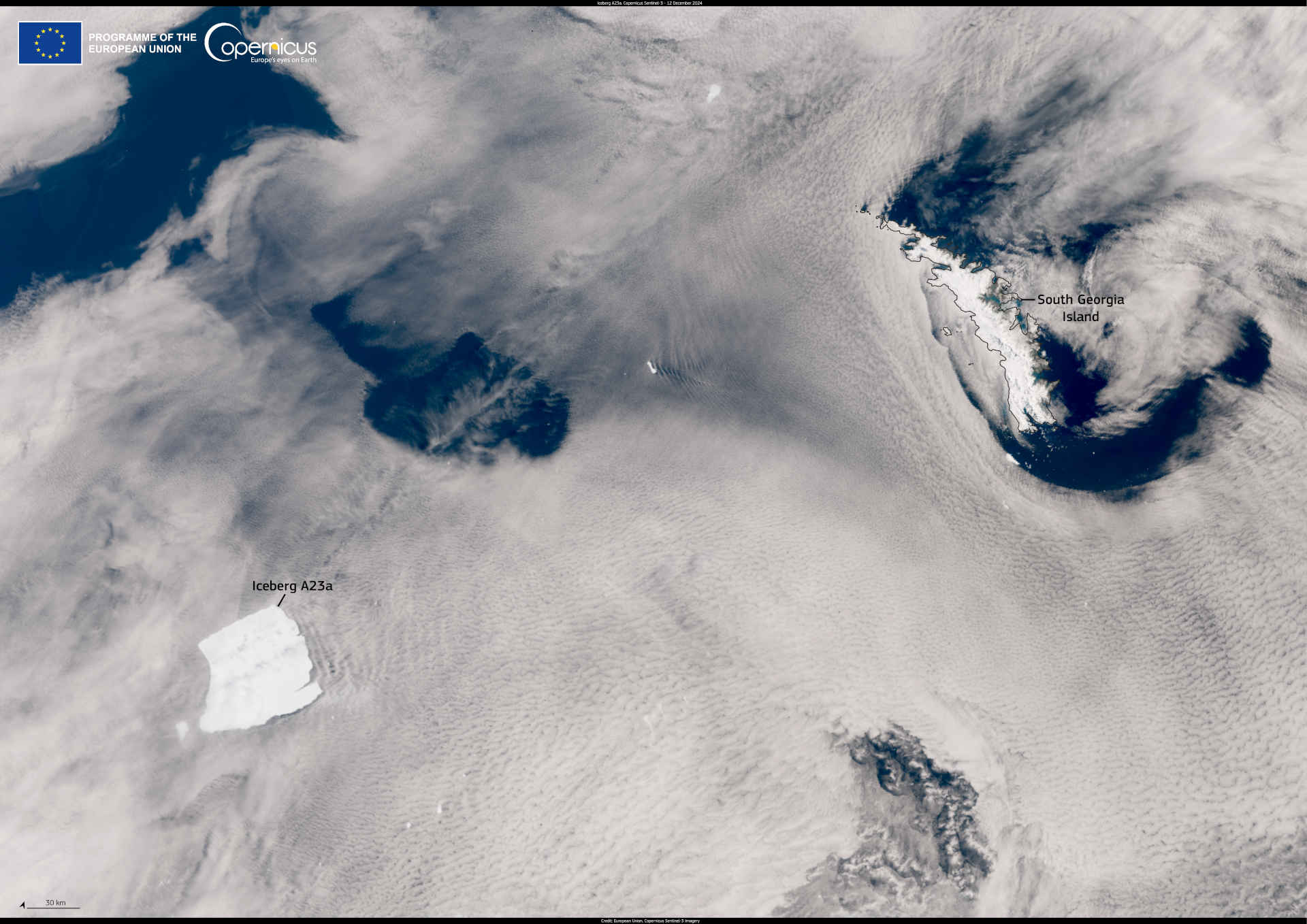La deriva dell'iceberg A23a verso la Georgia del Sud