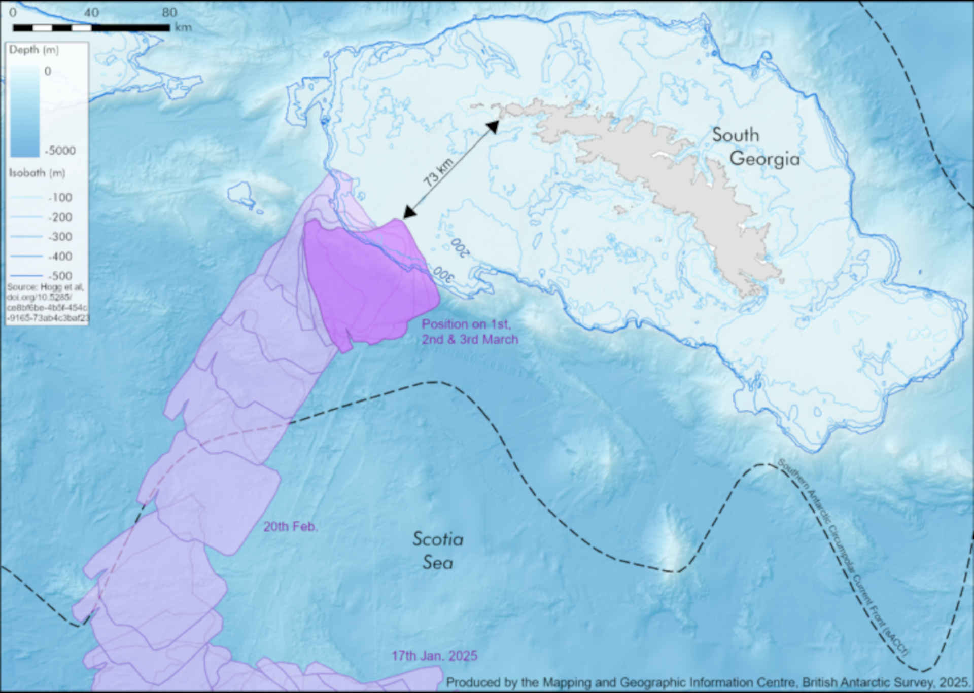 La posizione dell'iceberg A23a a marzo, prima di riprendere a muoversi verso nord